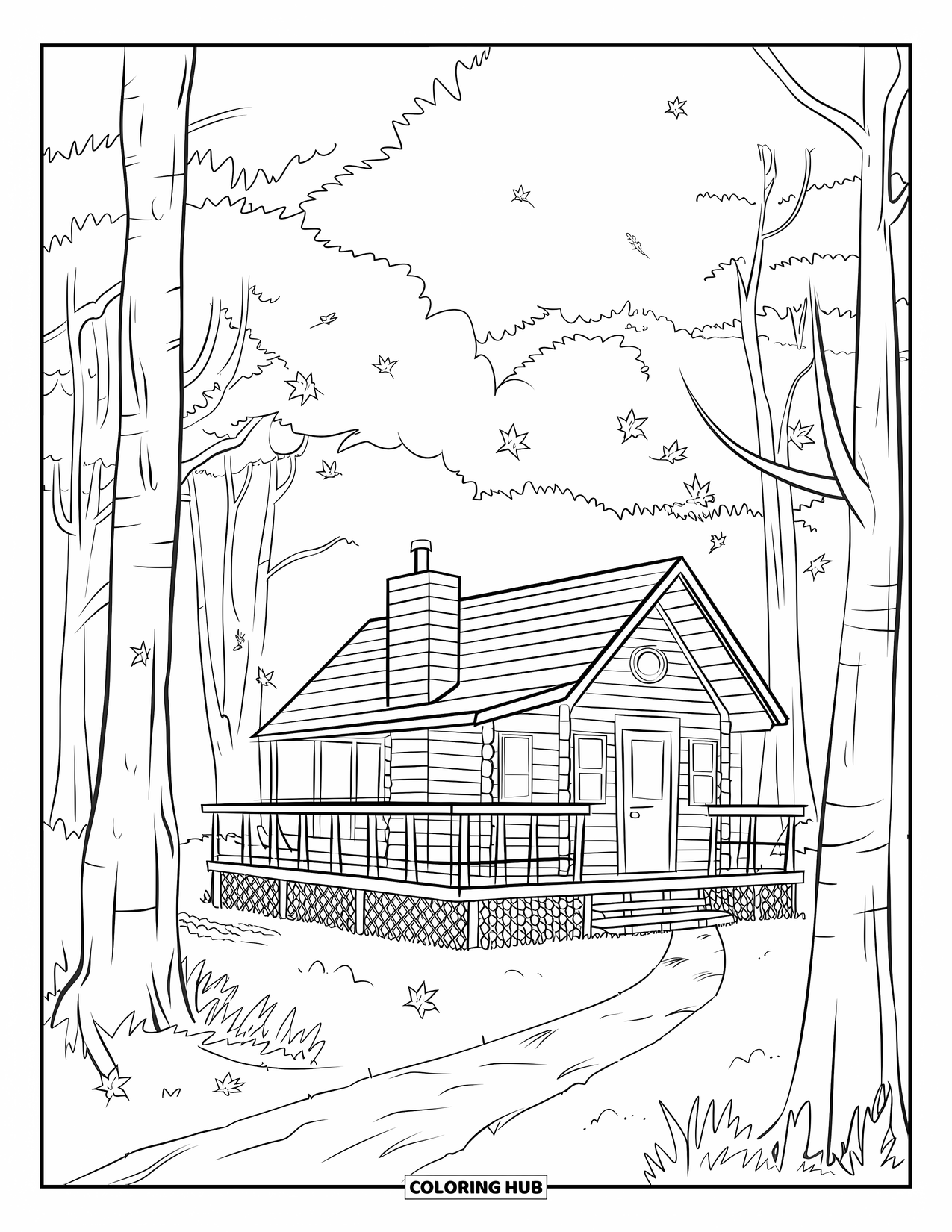 Herfst Kleurplaat voor Volwassenen: Een vredige boshut met een houten terras, omringd door bladeren en uitzicht op de bergen
