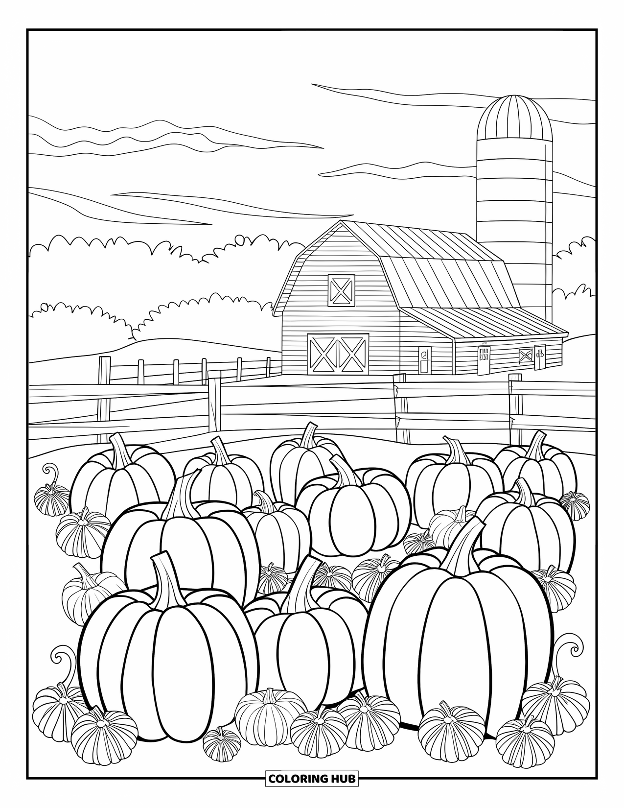 Herfst Kleurplaat voor Volwassenen: Een vredig pompoenveld met een schuur en silo, omringd door een rustiek houten hek