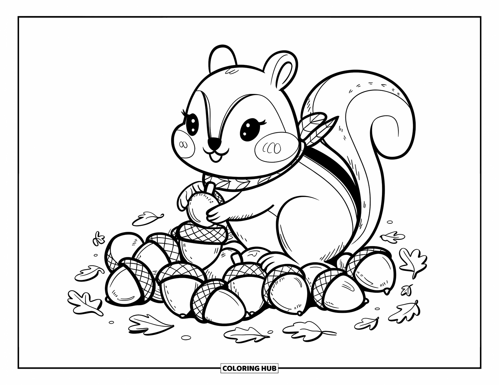 Herfst Kleurplaat voor Volwassenen: Een speelse chipmunk verzamelt eikels, zijn wangen vol en zijn staart gekruld achter hem