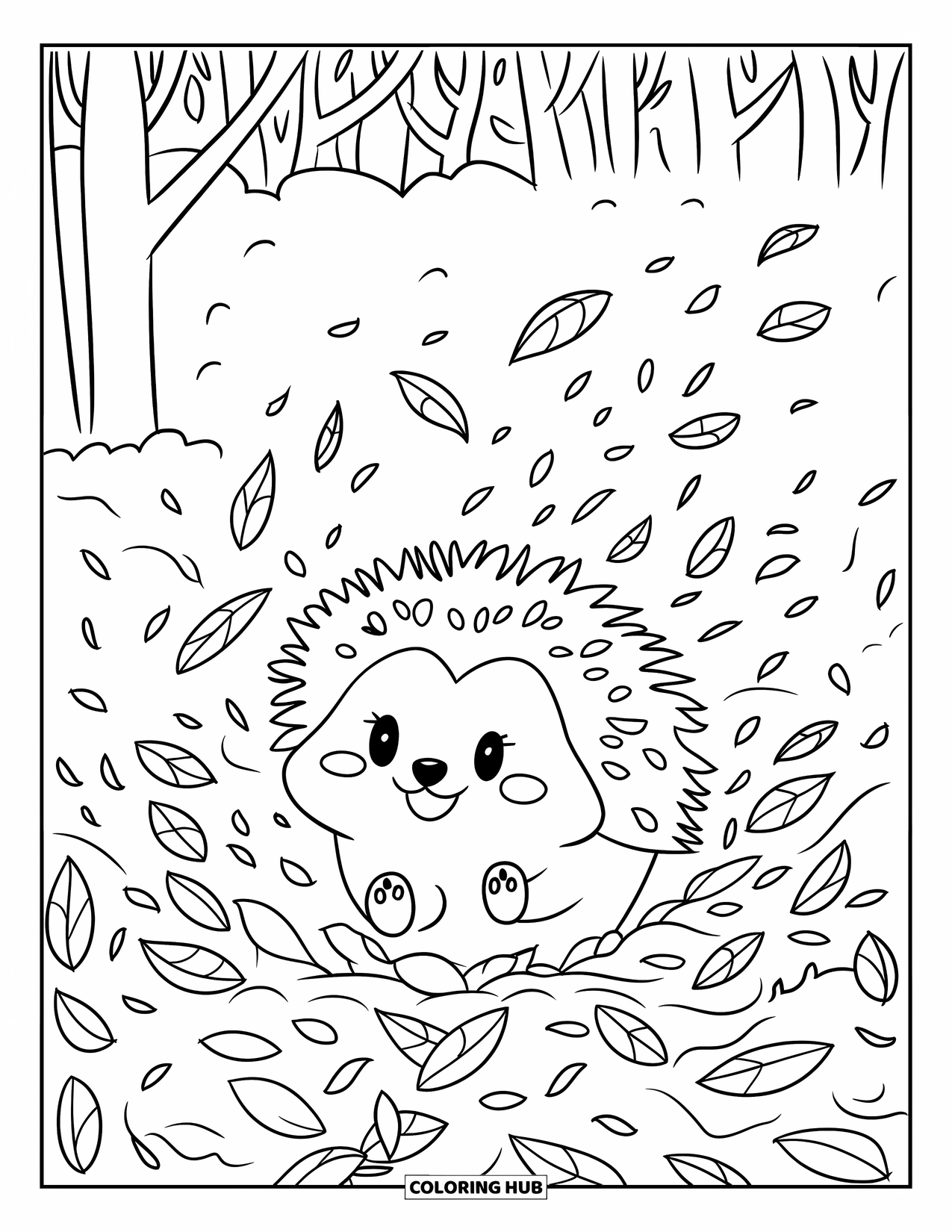 Herfst Kleurplaat voor Volwassenen: Een speelse egel rolt door knisperende bladeren terwijl de wind er meer de lucht in draagt