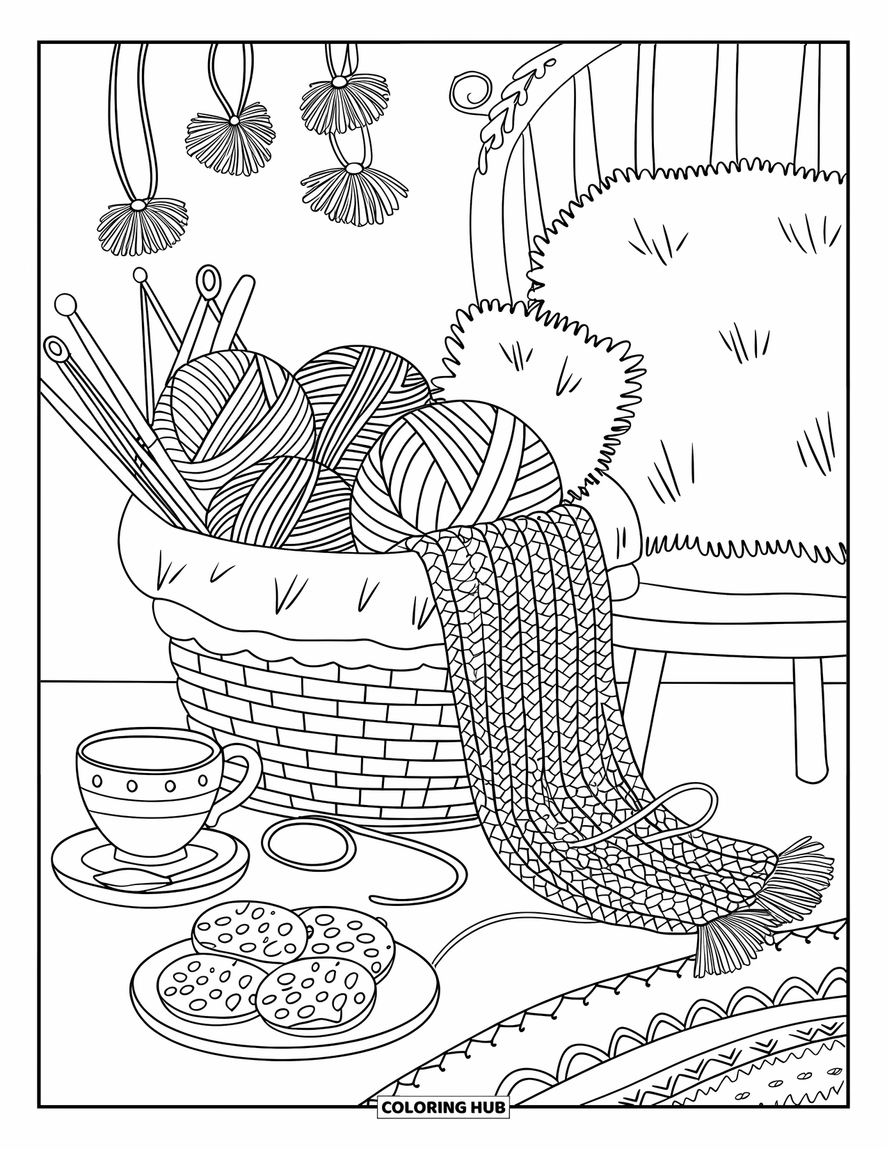 Herfst Kleurplaat voor Volwassenen: Een rustig hoekje met een mand wol, een zacht kussen en een bord koekjes