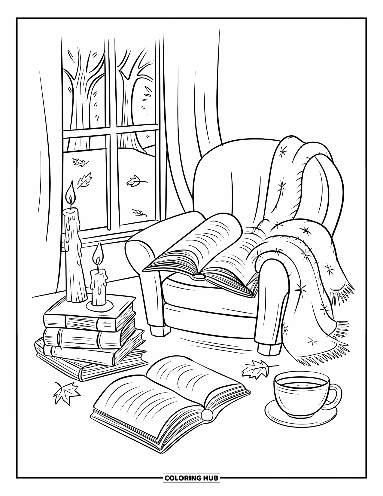 Herfst Kleurplaat voor Volwassenen: Een rustige leesplek met een open boek, een gloeiende kaars en een met een deken bedekte stoel