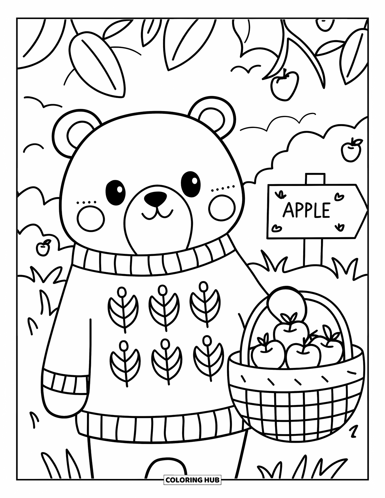 Herfst Kleurplaat voor Volwassenen: Een ronde beer in een trui met bladerpatroon draagt een mand met appels in een boomgaard