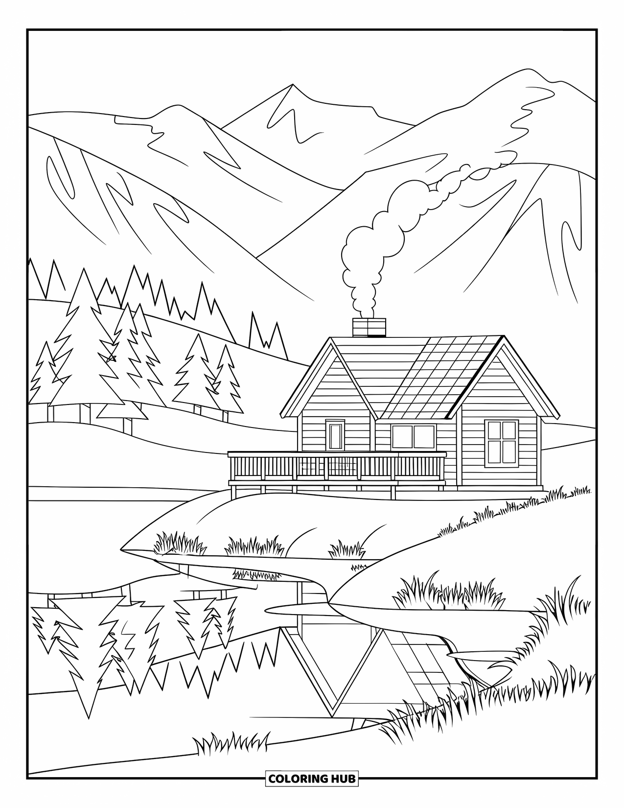 Herfst Kleurplaat voor Volwassenen: Een rustieke hut met een houten terras kijkt uit over een stil meer met boomreflecties