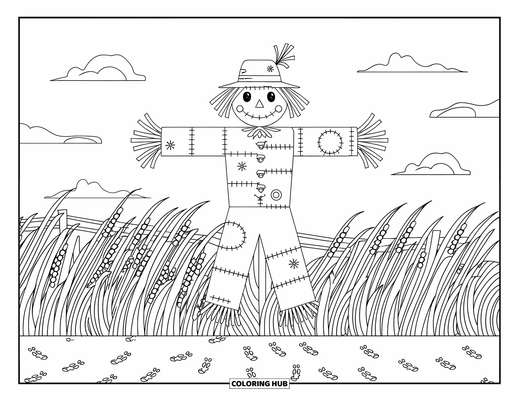 Herfst Kleurplaat voor Volwassenen: Een rustieke vogelverschrikker staat groot in een winderig veld, zijn hoed licht gekanteld