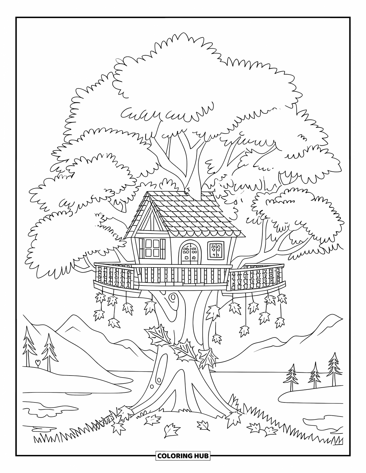 Herfst Kleurplaat voor Volwassenen: Een rustiek boomhut met pompoenen en maisstengels kijkt uit over een landschap van glooiende heuvels