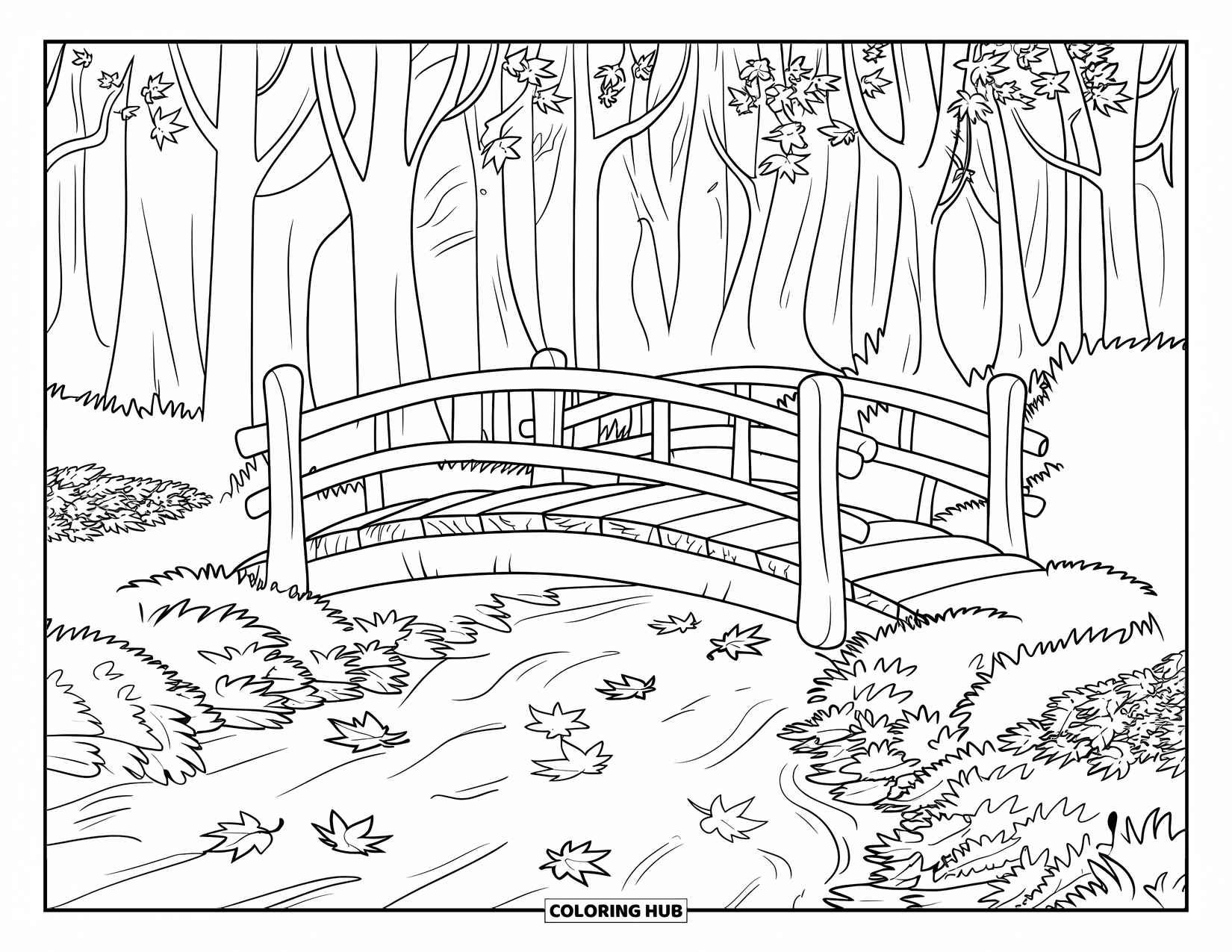 Herfst Kleurplaat voor Volwassenen: Een rustieke houten brug overspant een heldere beek, met herfstbladeren die op het water drijven