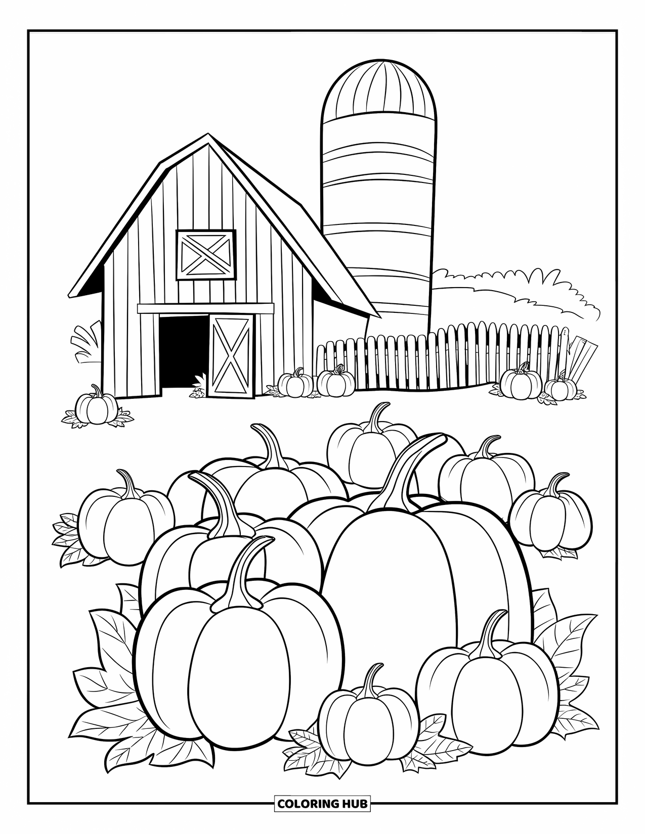 Herfst Kleurplaat voor Volwassenen: Een schilderachtig pompoenveld met een schuur, silo en verspreide pompoenen op een met stro bedekte grond