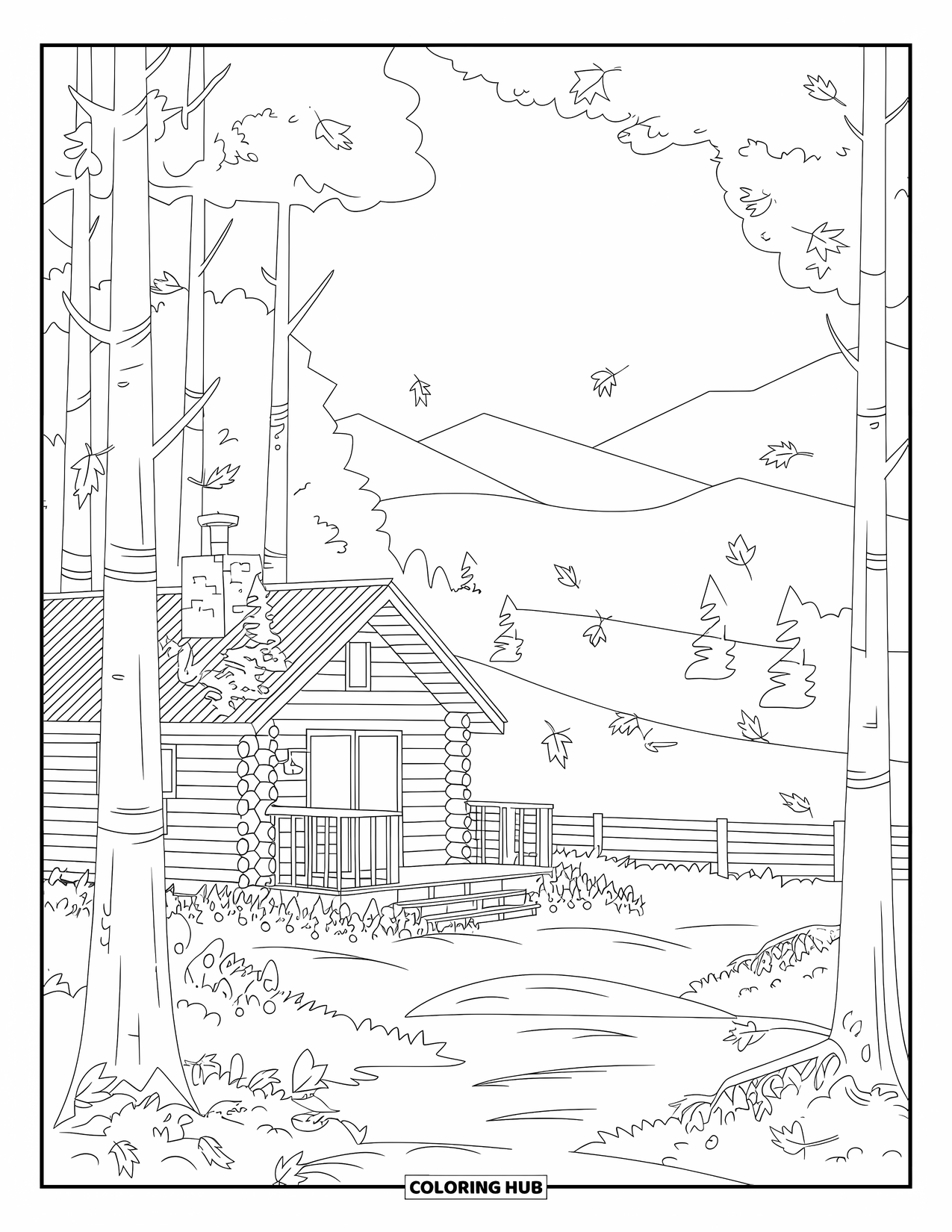 Herfst Kleurplaat voor Volwassenen: Een afgelegen herfsthut rust in de bomen, omlijst door knisperende vallende bladeren