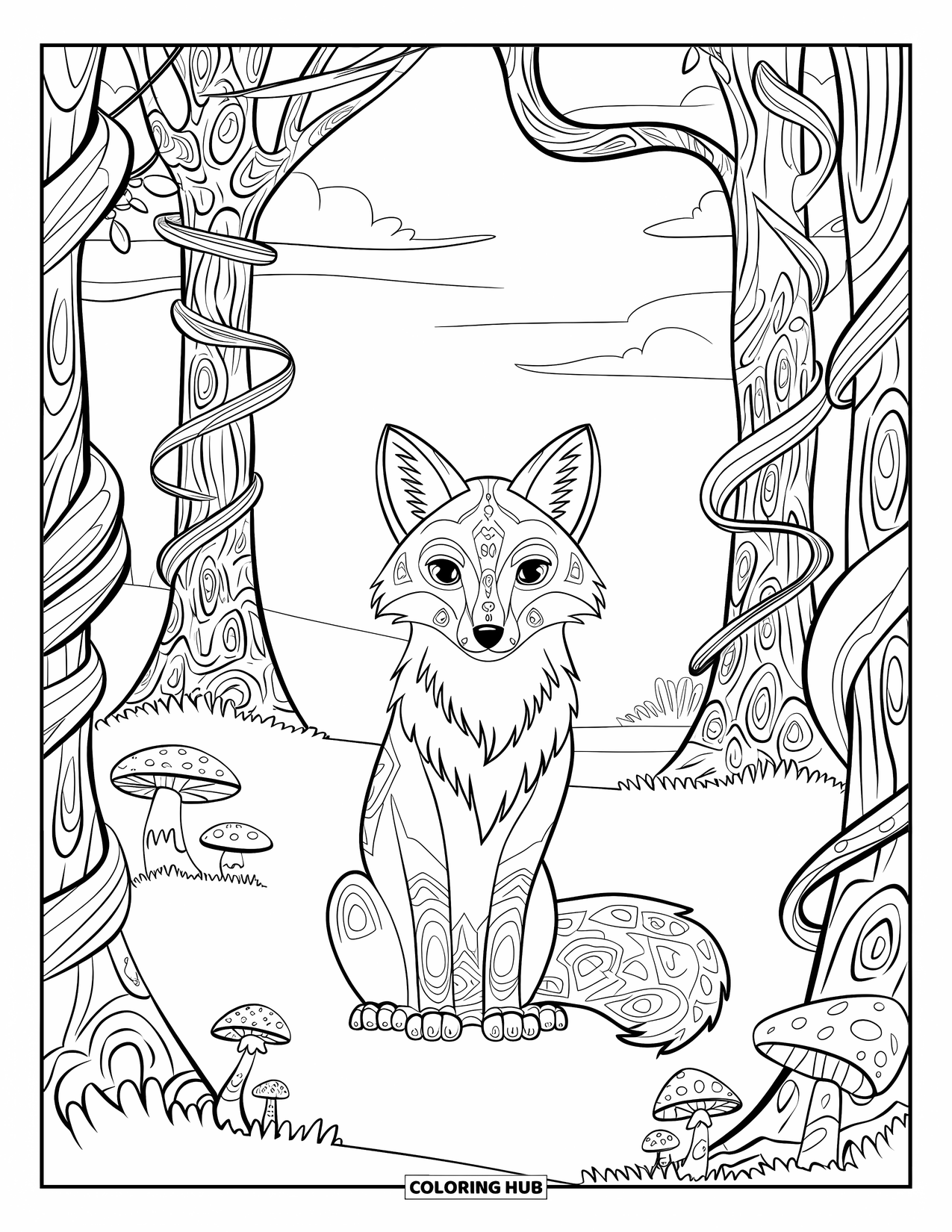 Herfst Kleurplaat voor Volwassenen: Een serene vos rust op een bed van bladeren, omlijst door wervelende wijnranken en bosdetails