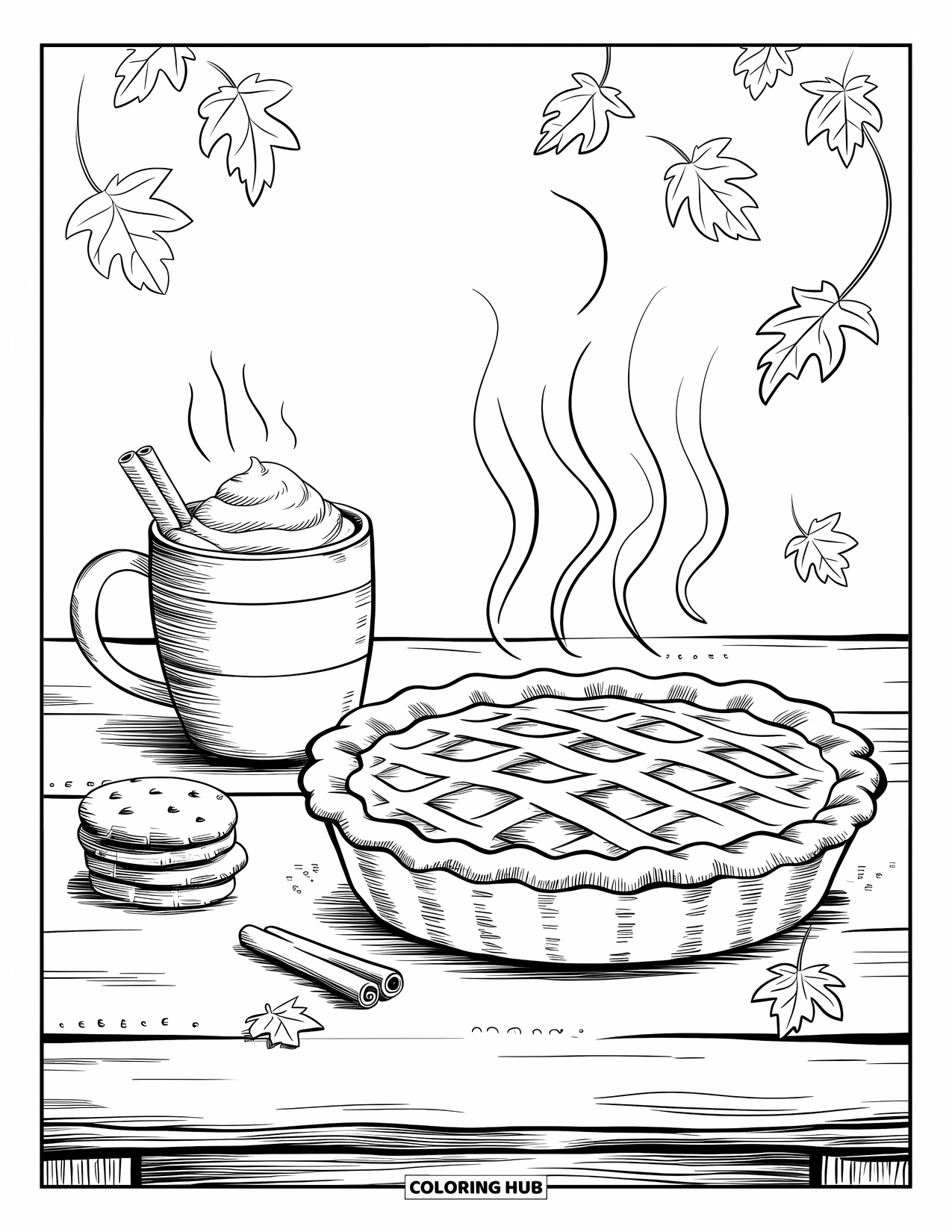 Herfst Kleurplaat voor Volwassenen: Een stuk pompoentaart met een stomende mok cacao en een strooisel van vallende bladeren