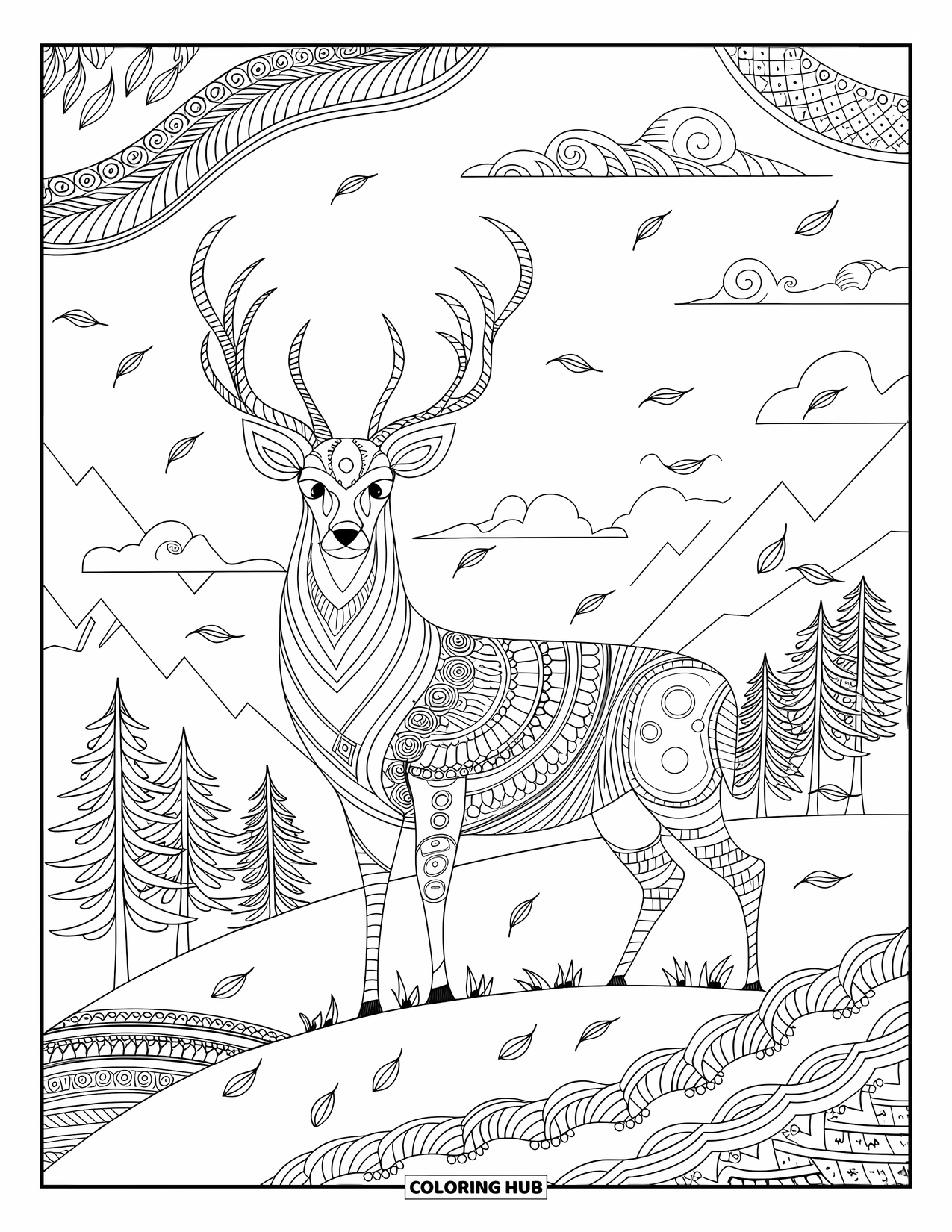 Herfst Kleurplaat voor Volwassenen: Een sterke hert staart over een heuvel, omlijst door bomen en waaiende herfstbladeren