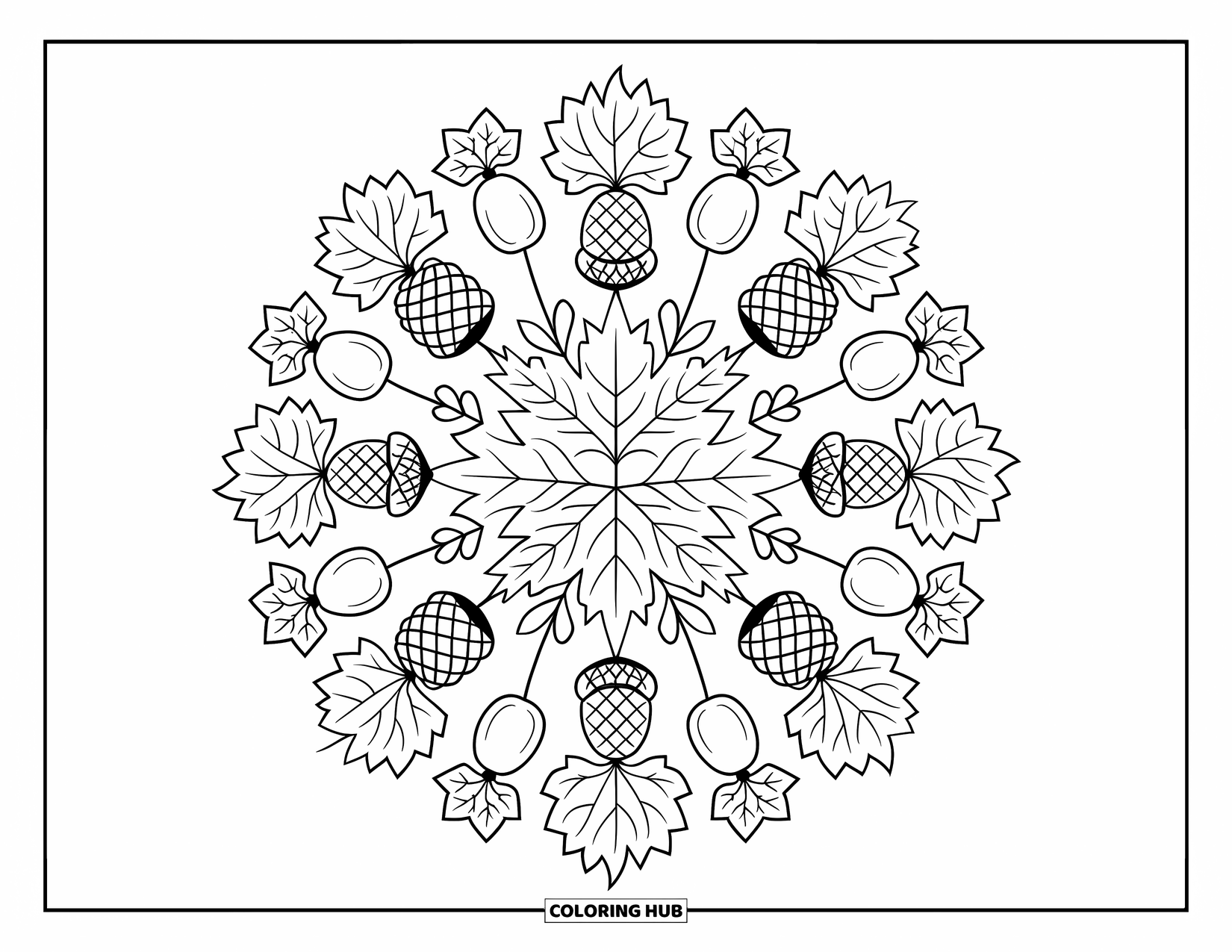 Herfst Kleurplaat voor Volwassenen: Een symmetrisch ontwerp van eikels, dennenappels en esdoornbladeren gerangschikt in een cirkel