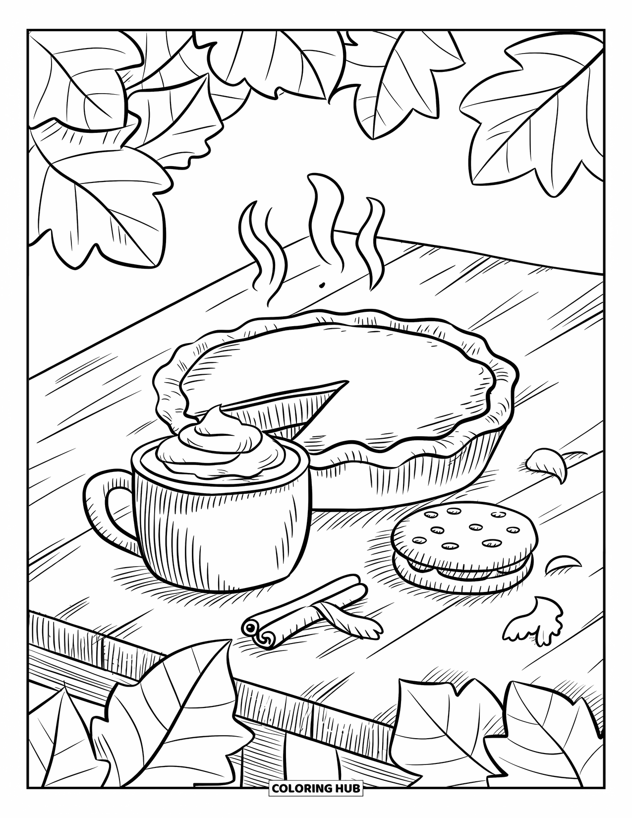 Herfst Kleurplaat voor Volwassenen: Een tafel gedekt met een pompoentaart, kaneelstokjes en een gezellige warme drank