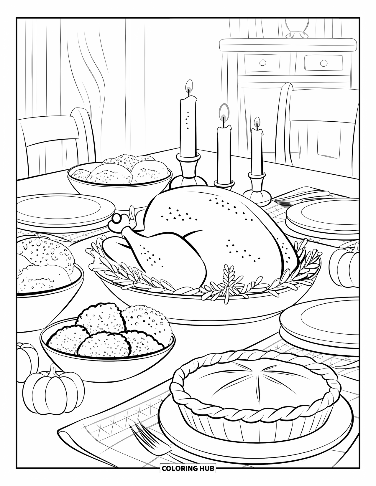 Herfst Kleurplaat voor Volwassenen: Een Thanksgiving-feest met gebraden kalkoen, pompoentaart en een gloeiend kaarsstuk
