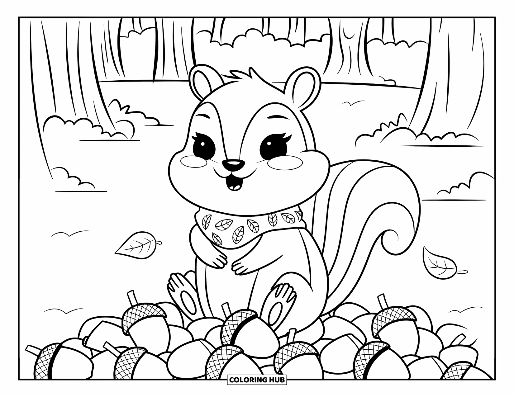 Herfst Kleurplaat voor Volwassenen: Een kleine chipmunk stapelt eikels zorgvuldig op terwijl hij is gewikkeld in een gezellige sjaal met patroon