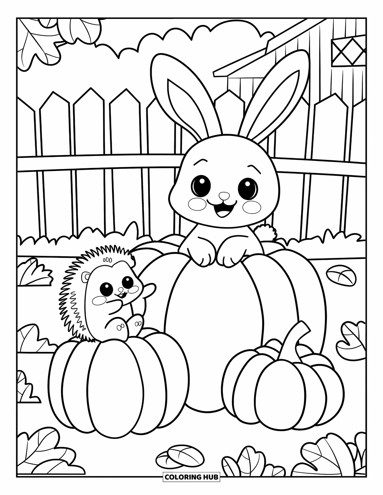 Herfst Kleurplaat voor Volwassenen: Een kleine egel en een konijn zitten op pompoenen, omringd door een rustieke herfstsetting