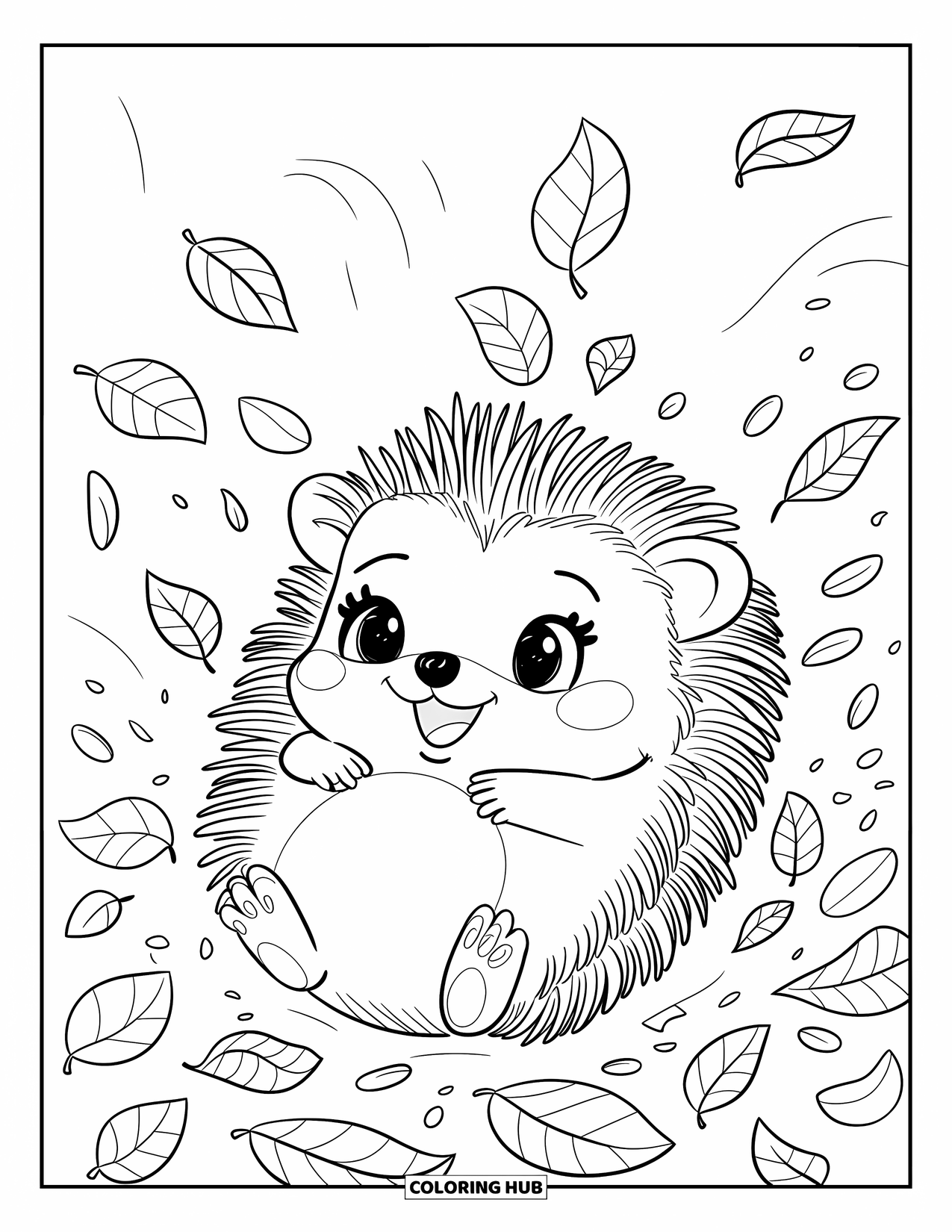 Herfst Kleurplaat voor Volwassenen: Een kleine egel flipt vrolijk door een bladerstapel, met een paar vast op zijn hoofd