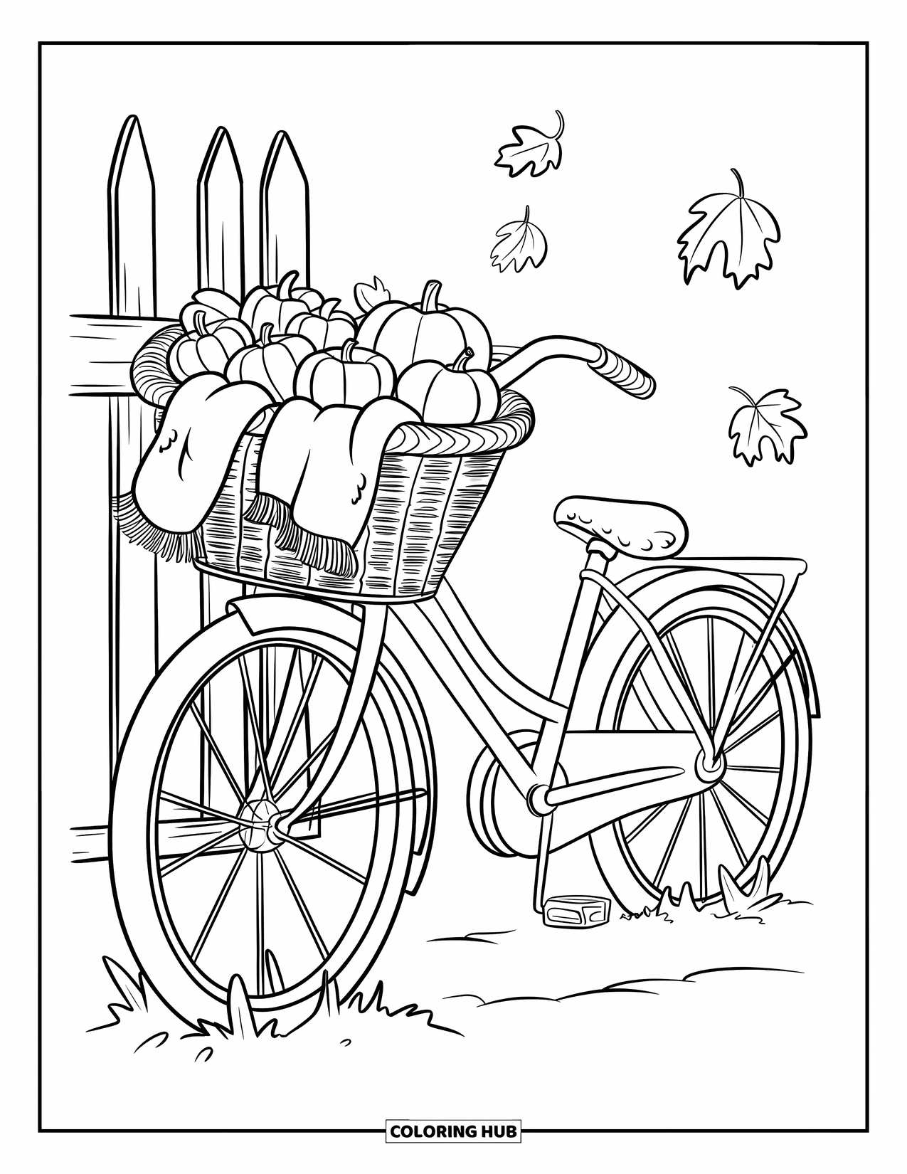 Herfst Kleurplaat voor Volwassenen: Een vintage fiets leunt tegen een houten hek, zijn mand vol met appels en pompoenen