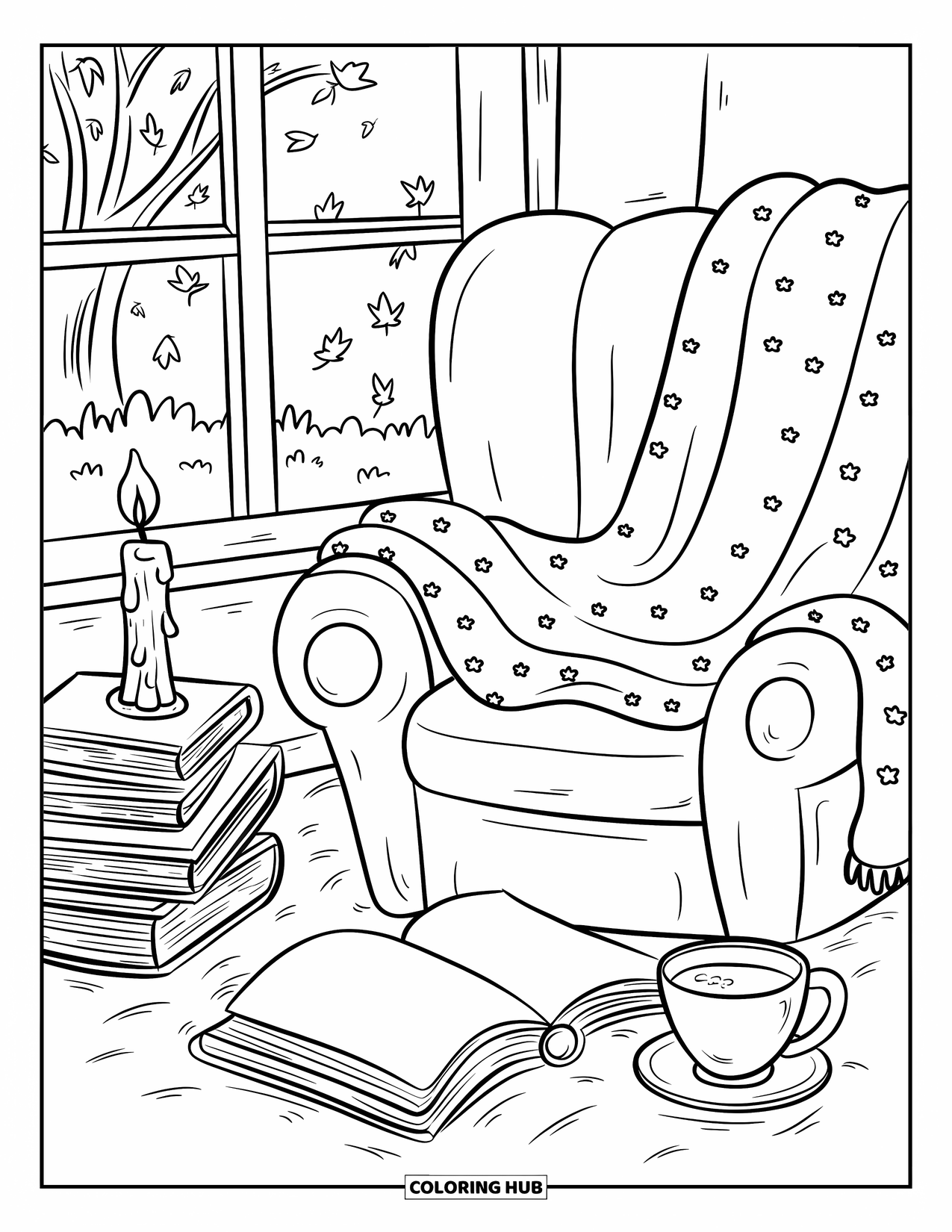 Herfst Kleurplaat voor Volwassenen: Een warme leeshoek met een stapel boeken, een flikkerende kaars en een zachte deken