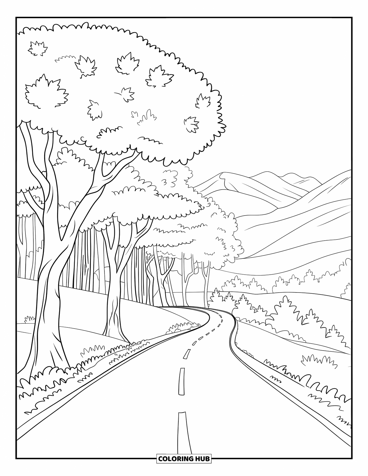Herfst Kleurplaat voor Volwassenen: Een kronkelende landweg omzoomd met torenhoge bomen die gouden herfstbladeren verliezen