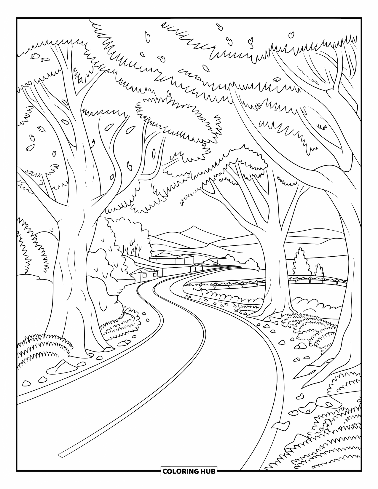 Herfst Kleurplaat voor Volwassenen: Een kronkelende weg bedekt met bladeren strekt zich uit naar een verre bergketen