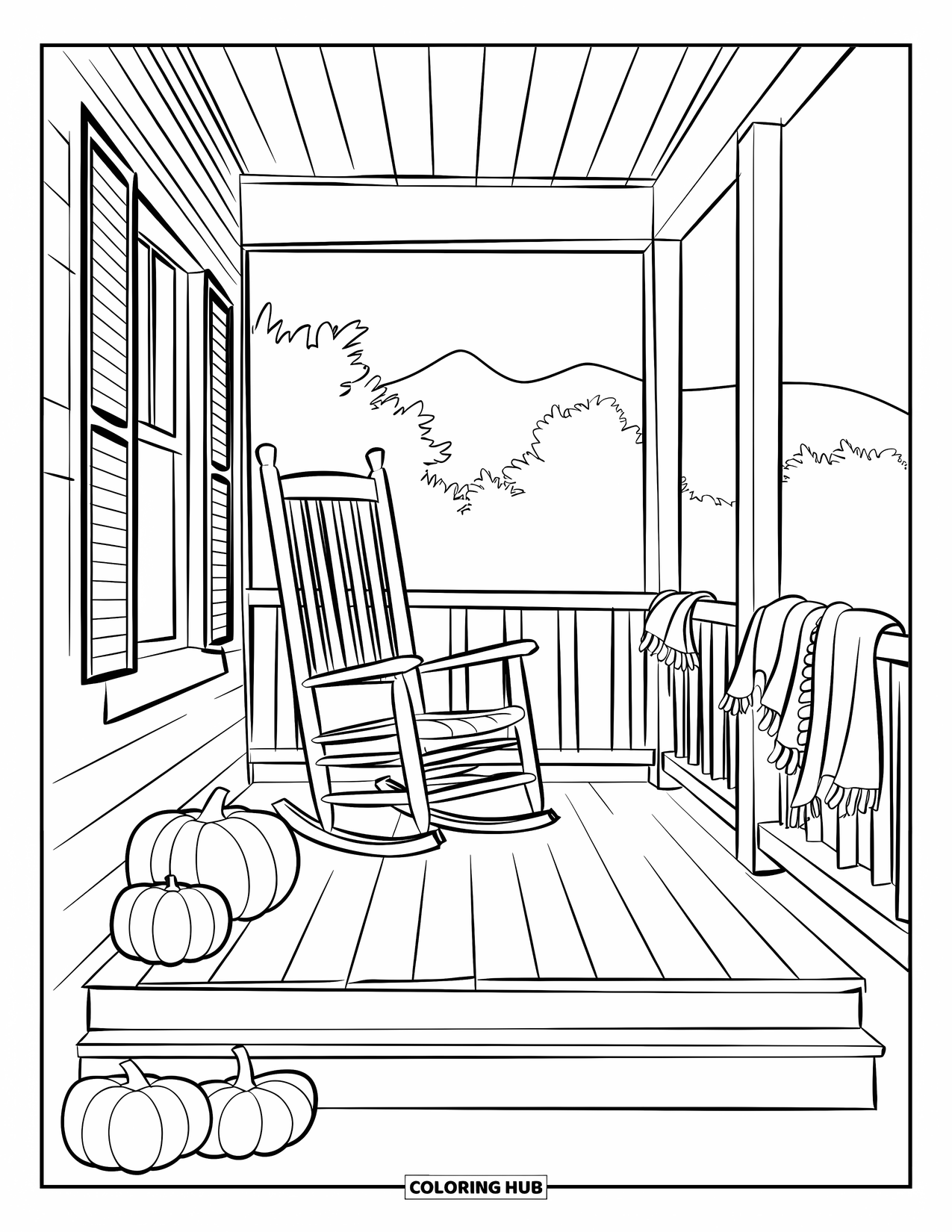 Herfst Kleurplaat voor Volwassenen: Een houten veranda met een schommelstoel, pompoenen en gezellige dekens verwelkomt de herfst