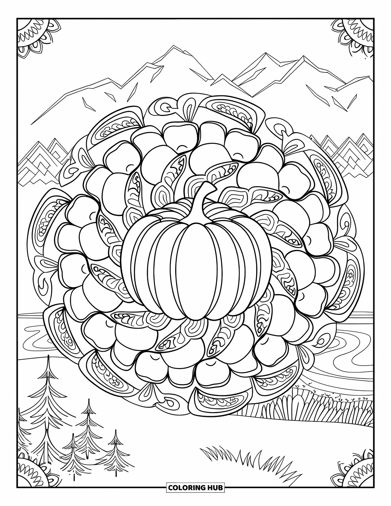 Herfst Kleurplaat voor Volwassenen: Een elegante mandala met pompoenen, appels en bladeren gerangschikt in een vloeiend patroon