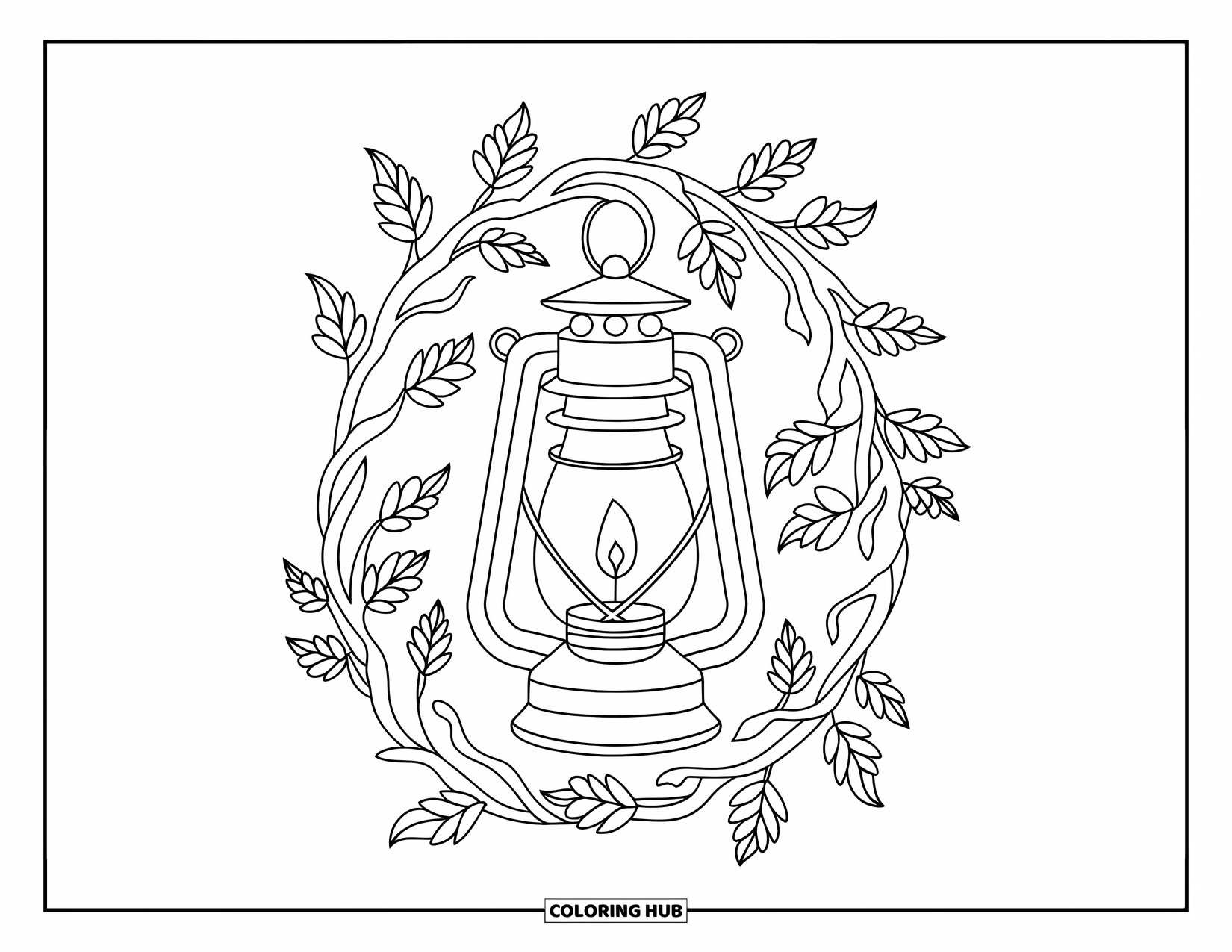 Herfst Kleurplaat voor Volwassenen: Een ouderwetse lantaarn met een gloeiende kaars staat tussen kronkelende herfstbladeren