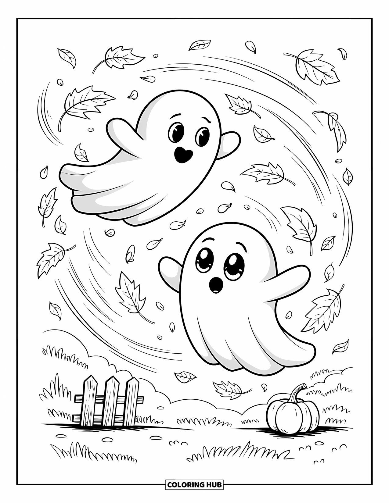 Herfst Kleurplaat voor Volwassenen: Ronde geesten met wijde ogen drijven door vallende bladeren en kijken hoe ze in de wind wervelen