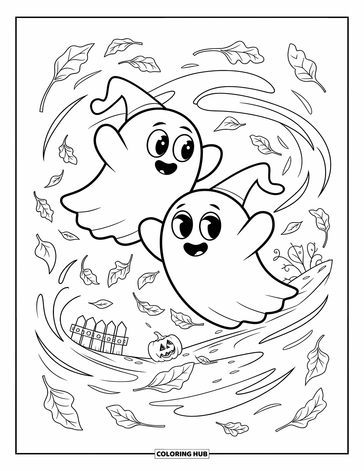 Herfst Kleurplaat voor Volwassenen: Twee vrolijke geesten met puntmutsen zweven tussen wervelende herfstbladeren in de buurt van een kleine pompoen