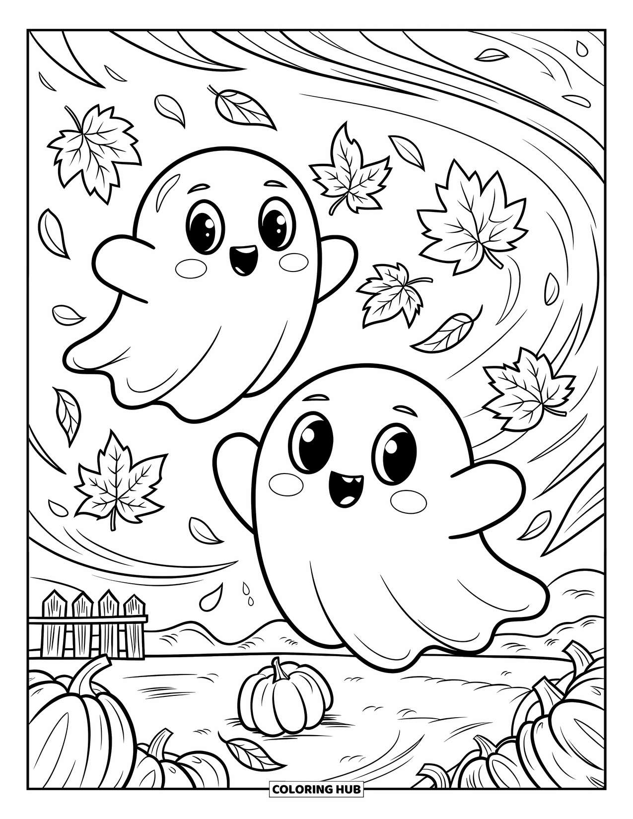 Herfst Kleurplaat voor Volwassenen: Twee kleine geesten zweven speels tussen wervelende herfstbladeren in de buurt van een houten hek en een pompoen