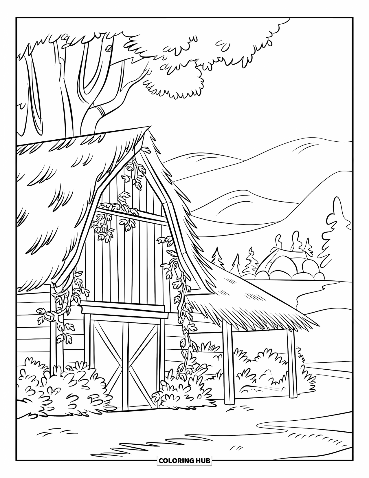 Herfst Kleurplaat voor Kinderen: Een schuur met overwoekerde wijnranken staat in een weelderig bos, met bladeren die de grond bedekken