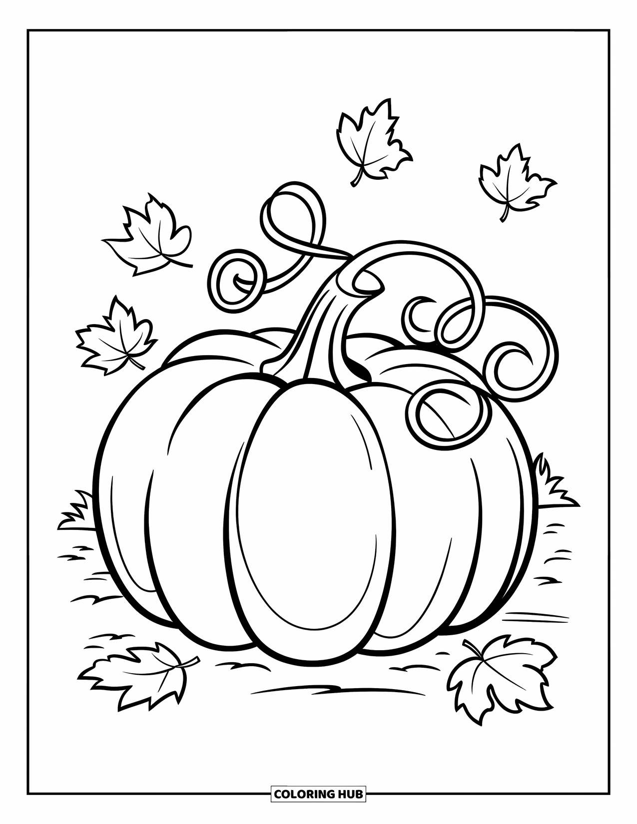 Herfst Kleurplaat voor Kinderen: Een grote, ronde pompoen met krullende ranken steekt af tegen een eenvoudige achtergrond