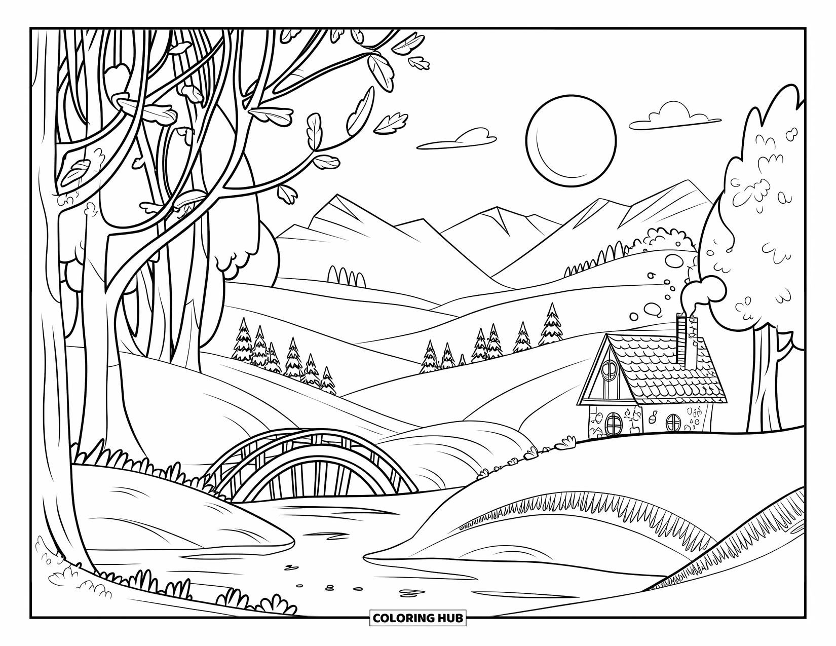 Herfst Kleurplaat voor Kinderen: Een brug kruist een rustige rivier terwijl de volle maan boven het bos gloeit