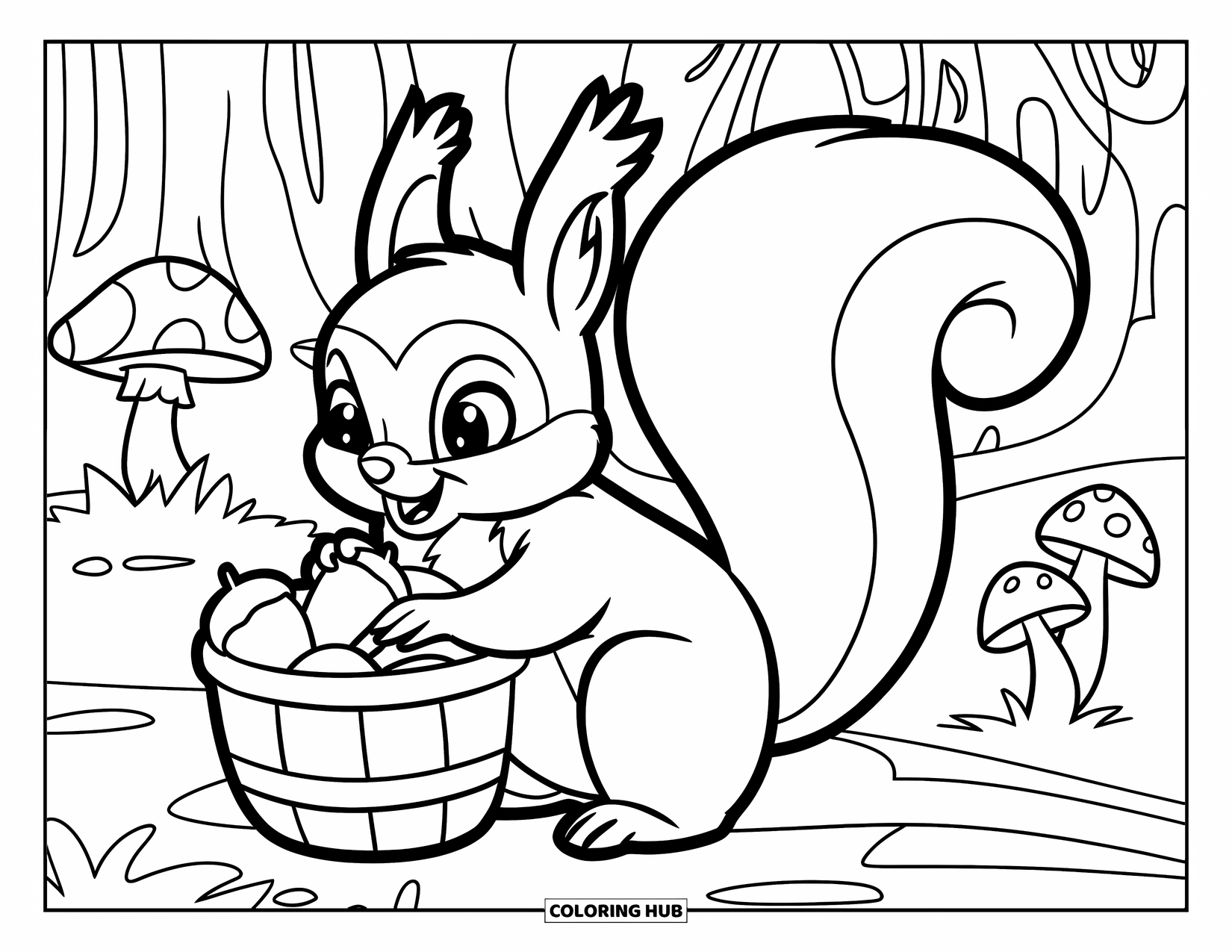 Herfst Kleurplaat voor Kinderen: Een eekhoorn met een borstelige staart balanceert een mand op zijn rug terwijl hij eikels verzamelt
