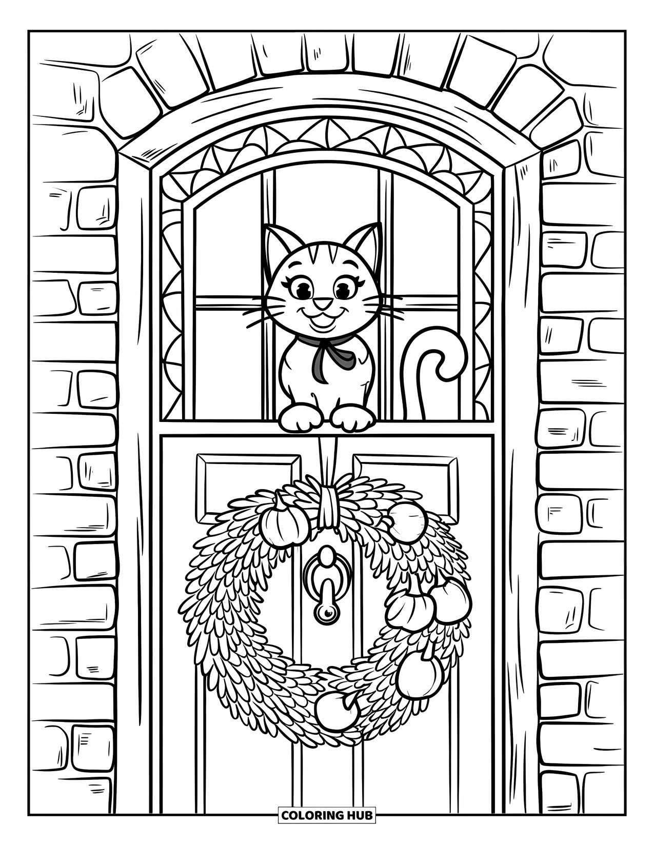 Herfst Kleurplaat voor Kinderen: Een kat met een lint zit in een raam boven een rustieke deur met een herfstkrans