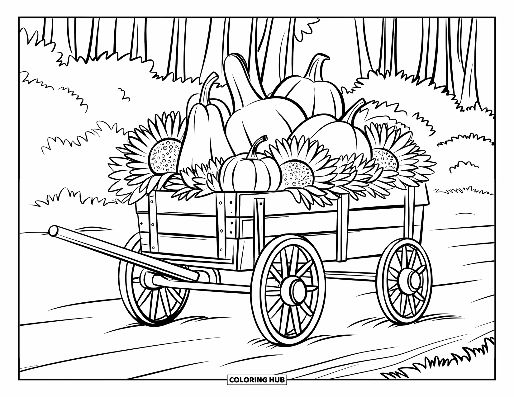 Herfst Kleurplaat voor Kinderen: Een charmante wagen stroomt over van de herfstoogst, rustend op een stoffige landweg