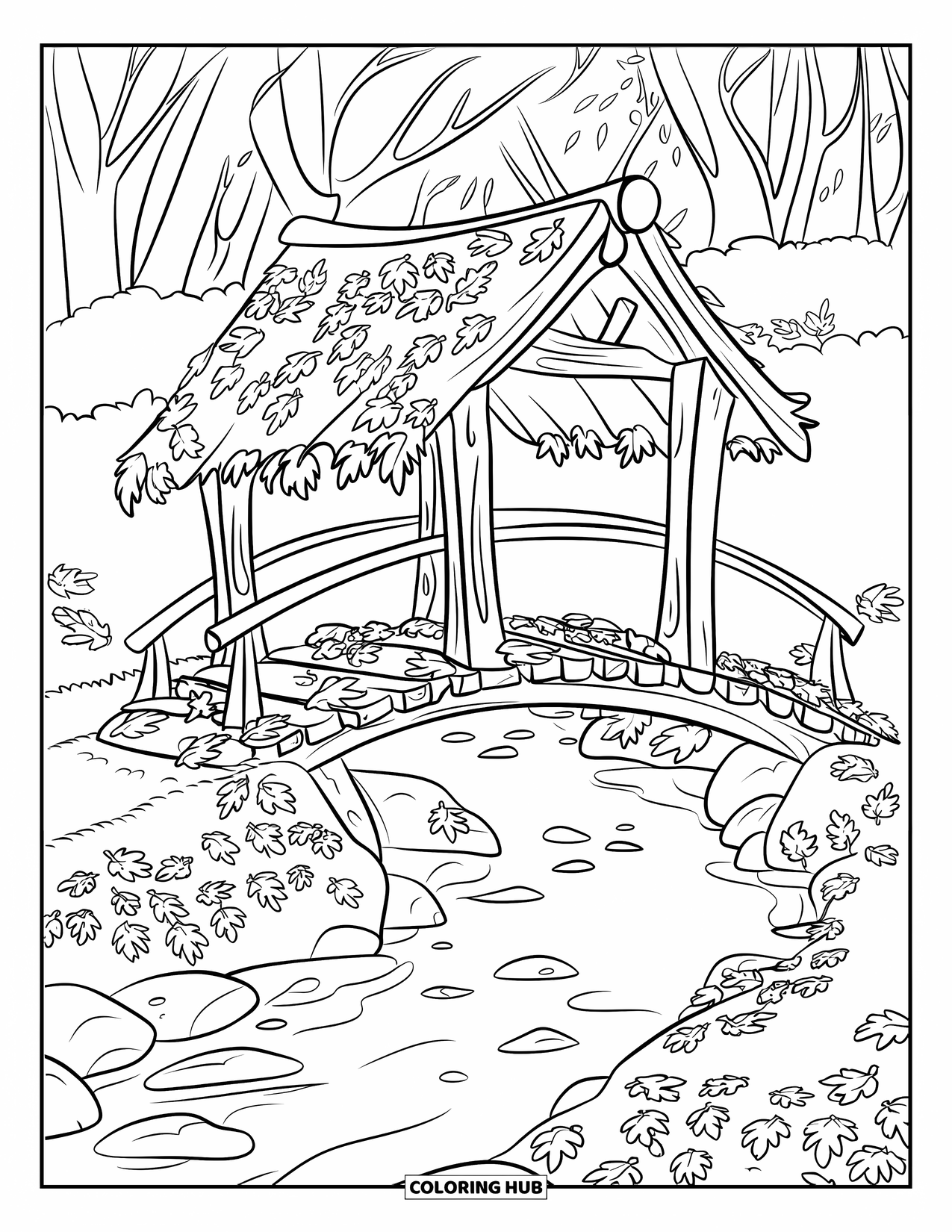 Herfst Kleurplaat voor Kinderen: Een charmante houten brug met gevallen bladeren strekt zich uit over een heldere beek in de herfst