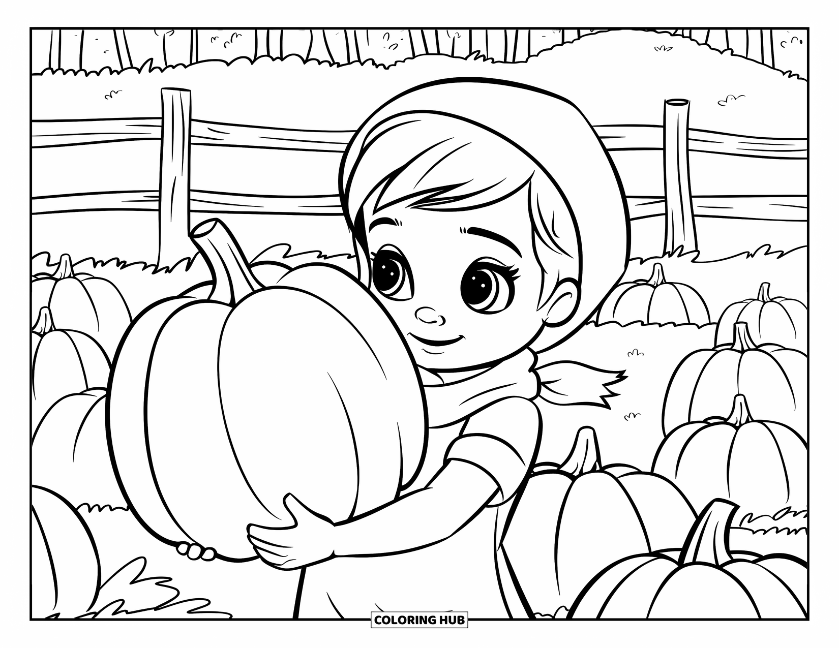 Herfst Kleurplaat voor Kinderen: Een vrolijk kind met een sjaal en een hoed houdt een gigantische pompoen vast in een veld