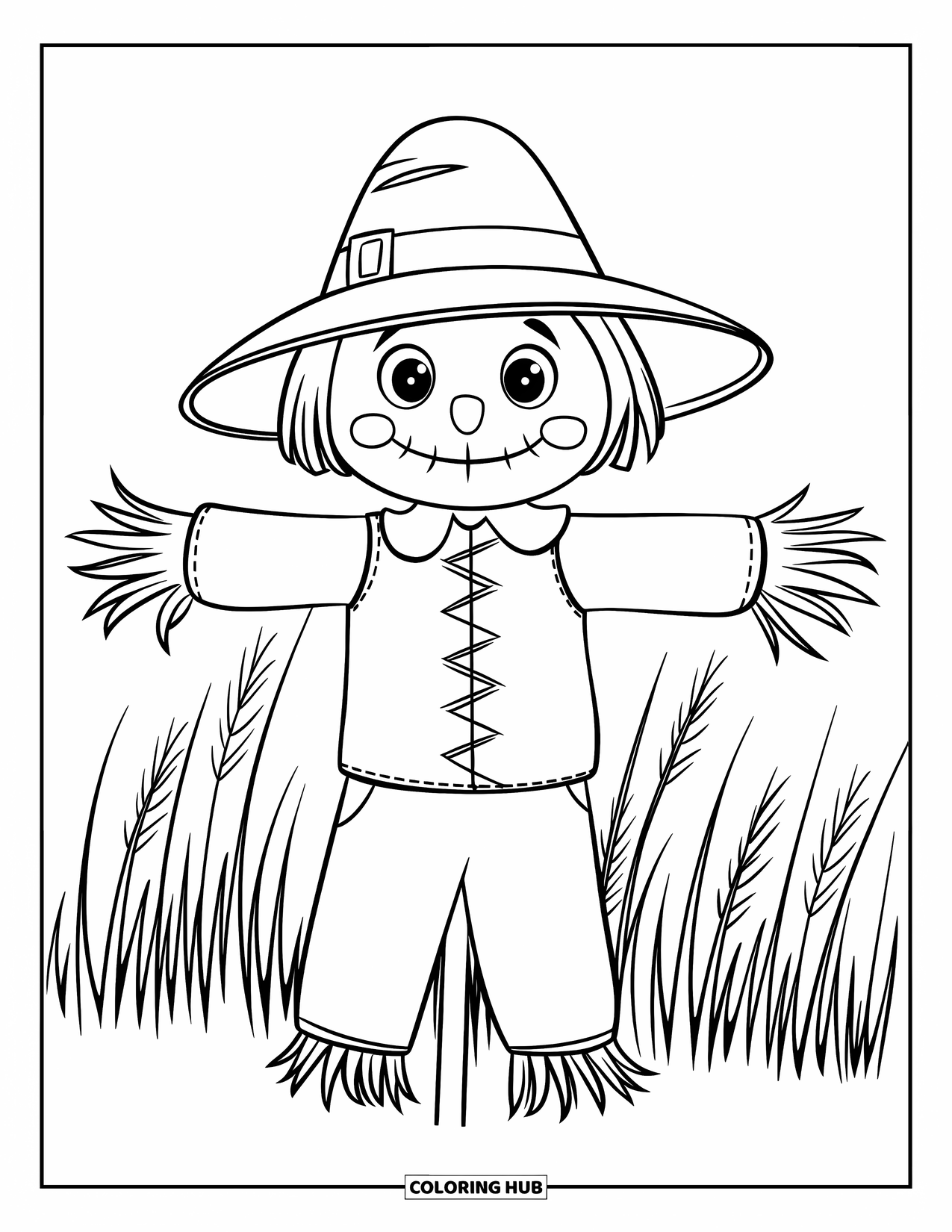 Herfst Kleurplaat voor Kinderen: Een vrolijke vogelverschrikker met knoopogen staat in een veld met wuivend gras