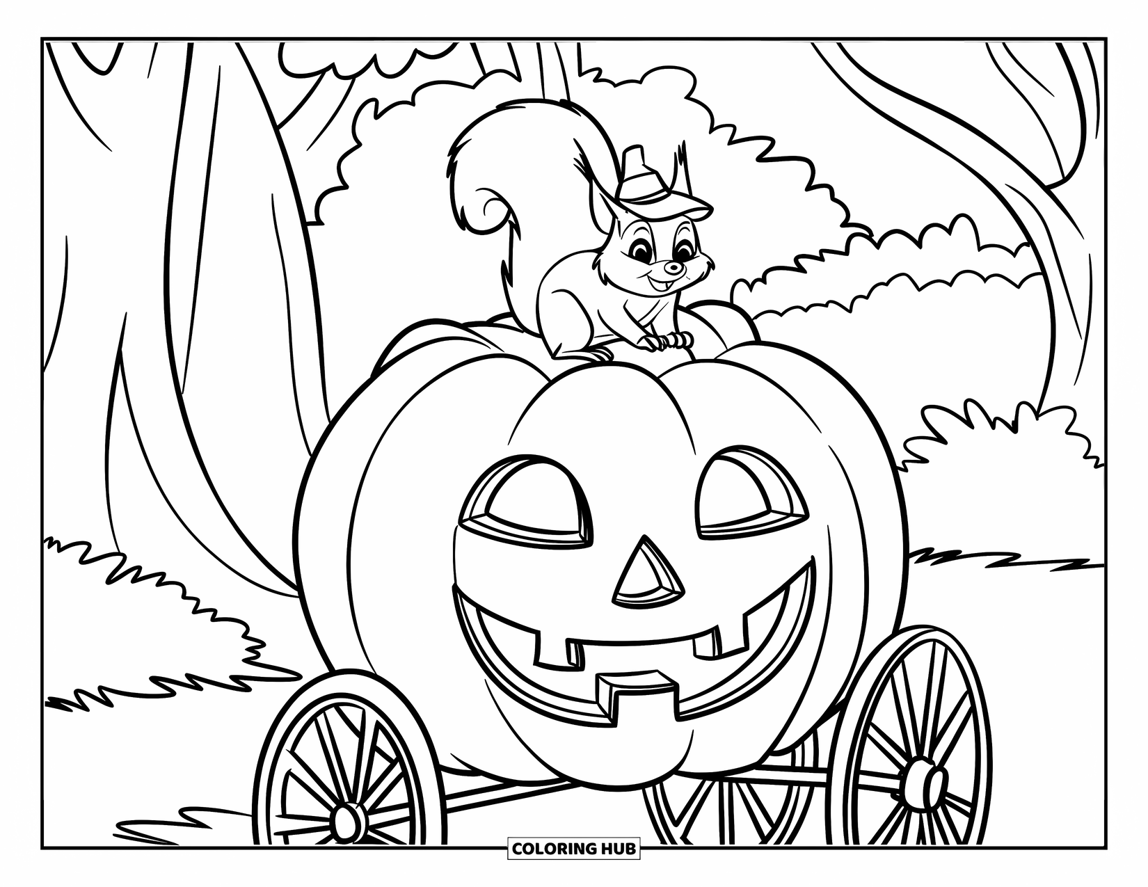 Herfst Kleurplaat voor Kinderen: Een vrolijke eekhoorn met een klein hoedje zit trots bovenop een grote pompoen