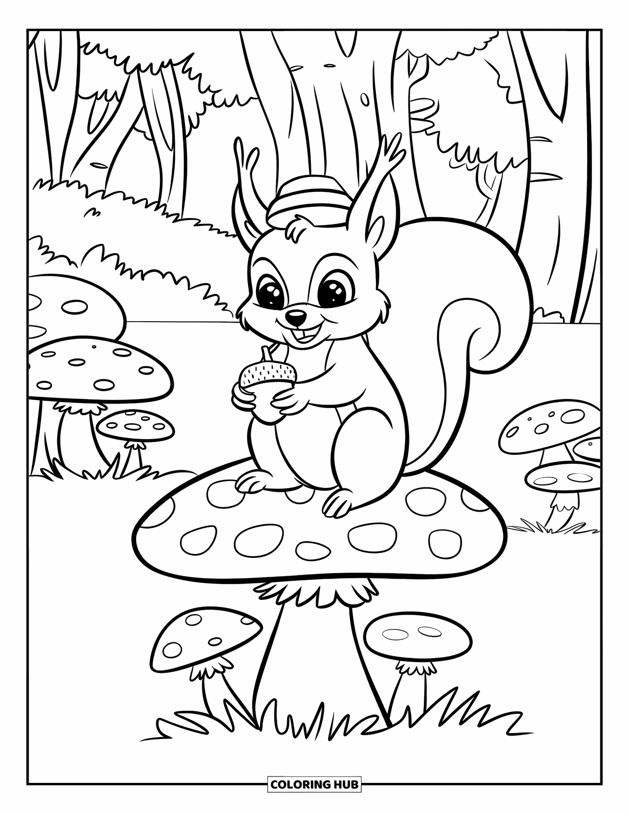 Herfst Kleurplaat voor Kinderen: Een vrolijke eekhoorn rust op een paddenstoel, met een eikel in zijn poten