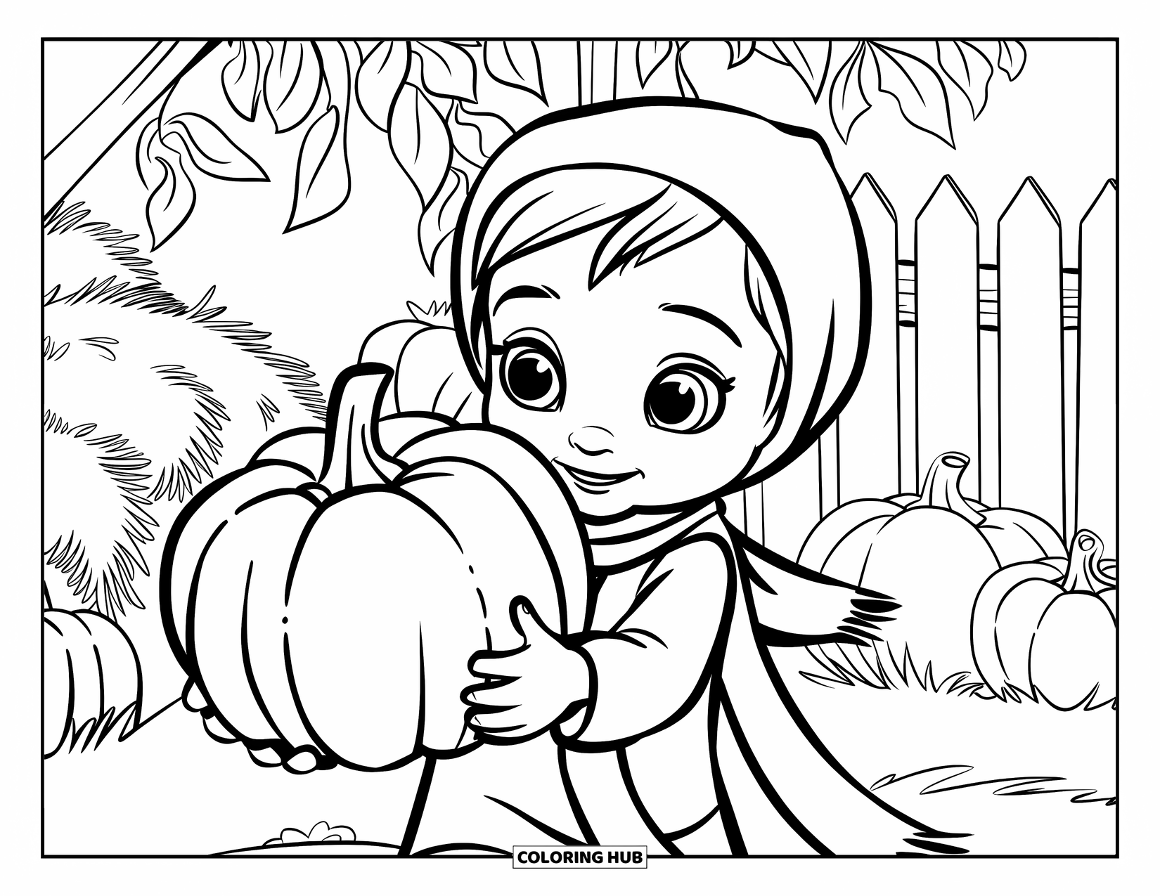 Herfst Kleurplaat voor Kinderen: Een kind knuffelt een grote pompoen, staand in een feestelijke herfstsetting