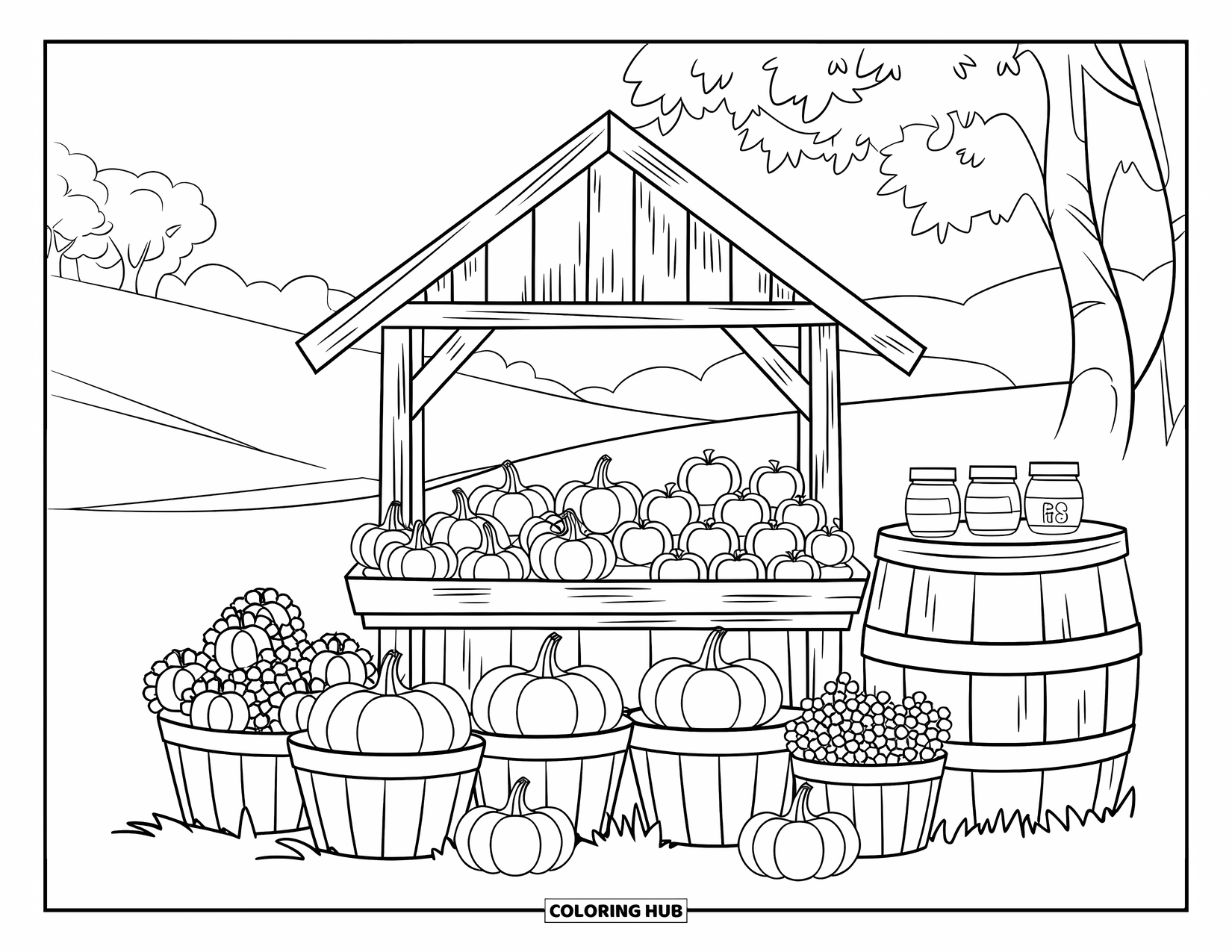 Herfst Kleurplaat voor Kinderen: Een marktstalletje op het platteland bevat manden met appels, pompoenen en potten honing