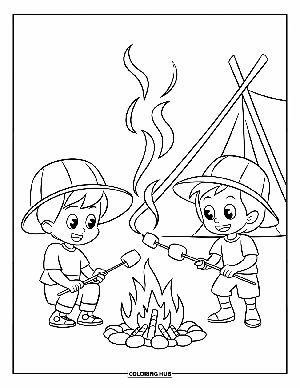Herfst Kleurplaat voor Kinderen: Een gezellige kampeerscène met kinderen die marshmallows roosteren bij hun tent onder de sterren