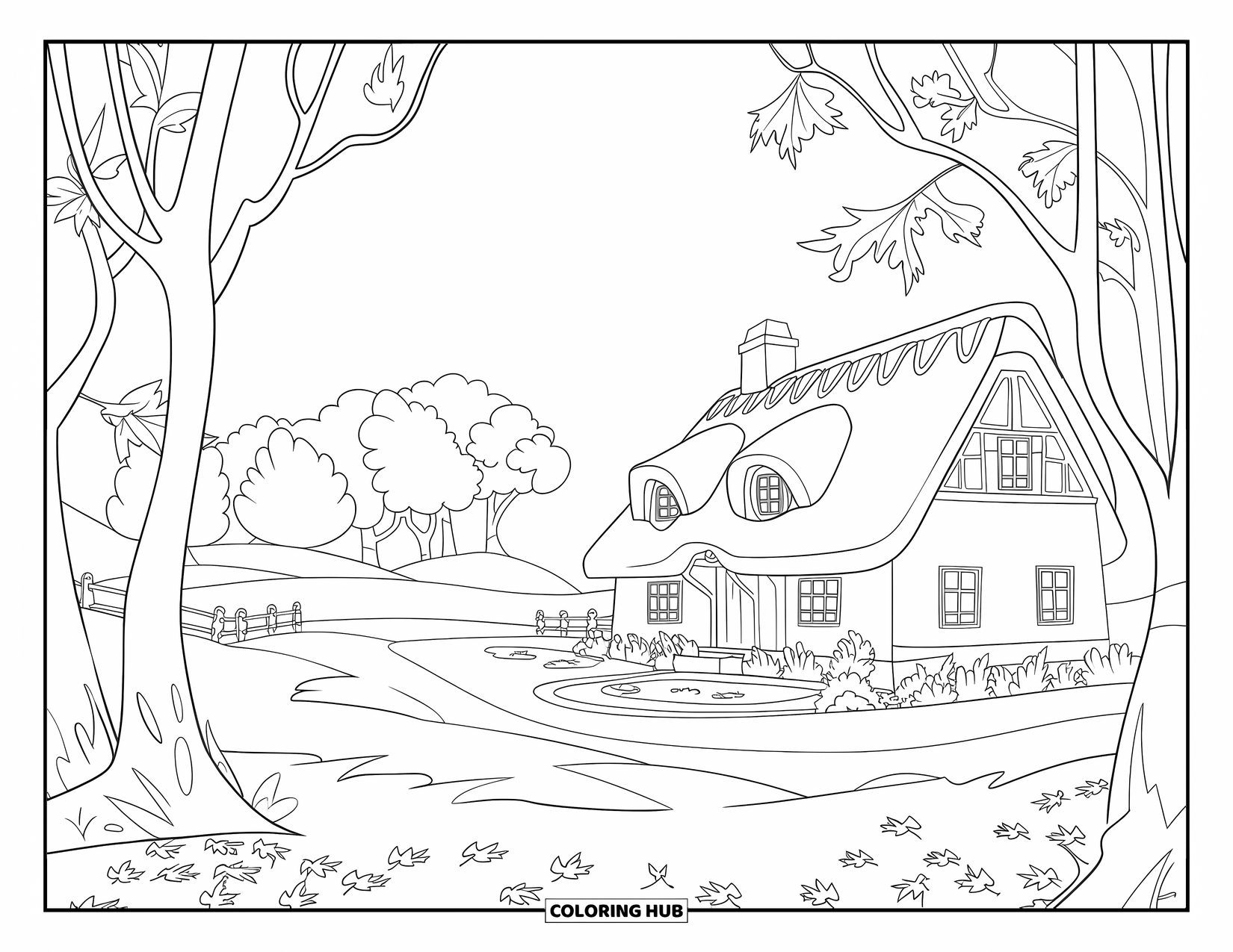 Herfst Kleurplaat voor Kinderen: Een gezellig huisje ligt tussen herfstbomen, met een kronkelend pad dat naar de deur leidt