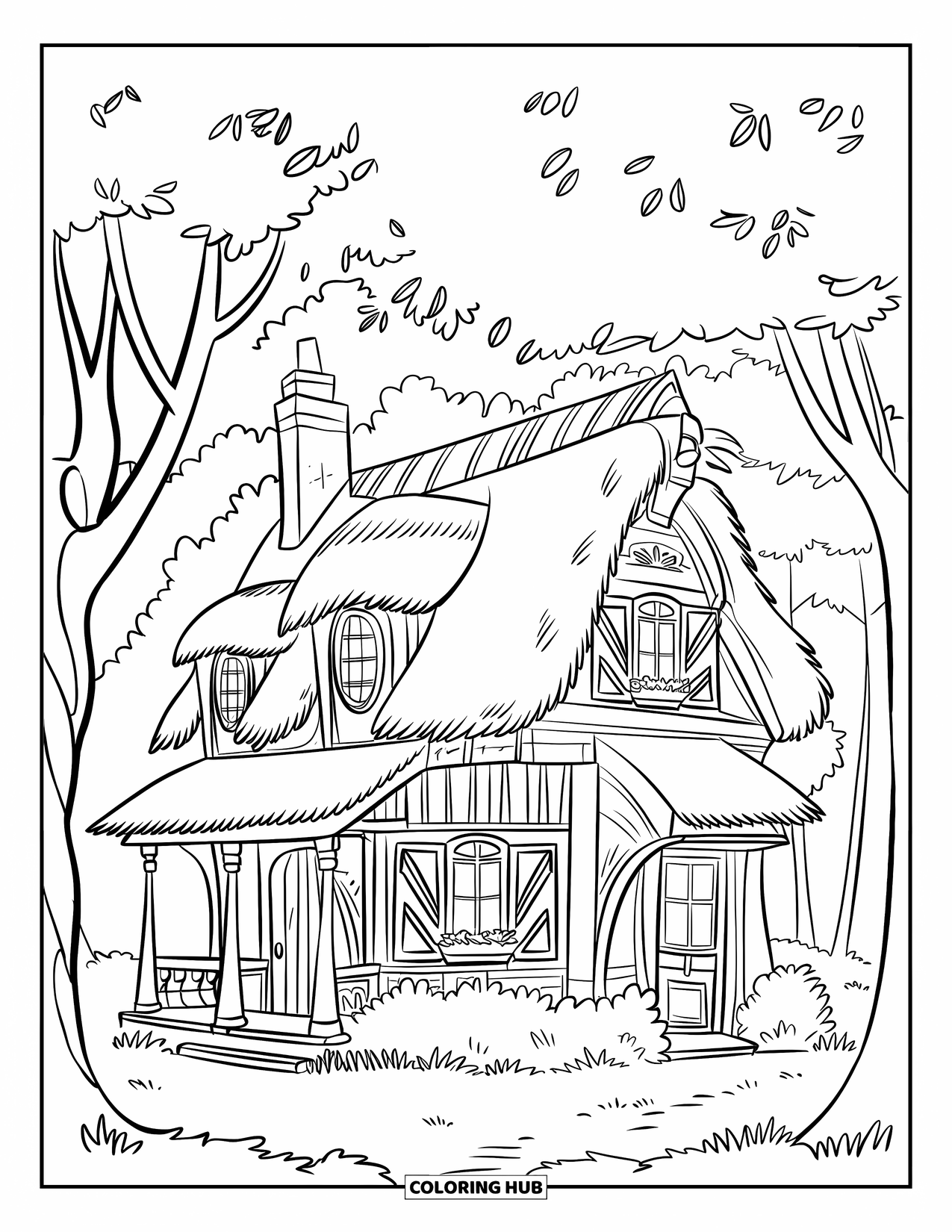 Herfst Kleurplaat voor Kinderen: Een gezellig huisje met een rieten dak staat in een vredig, boomrijk landschap