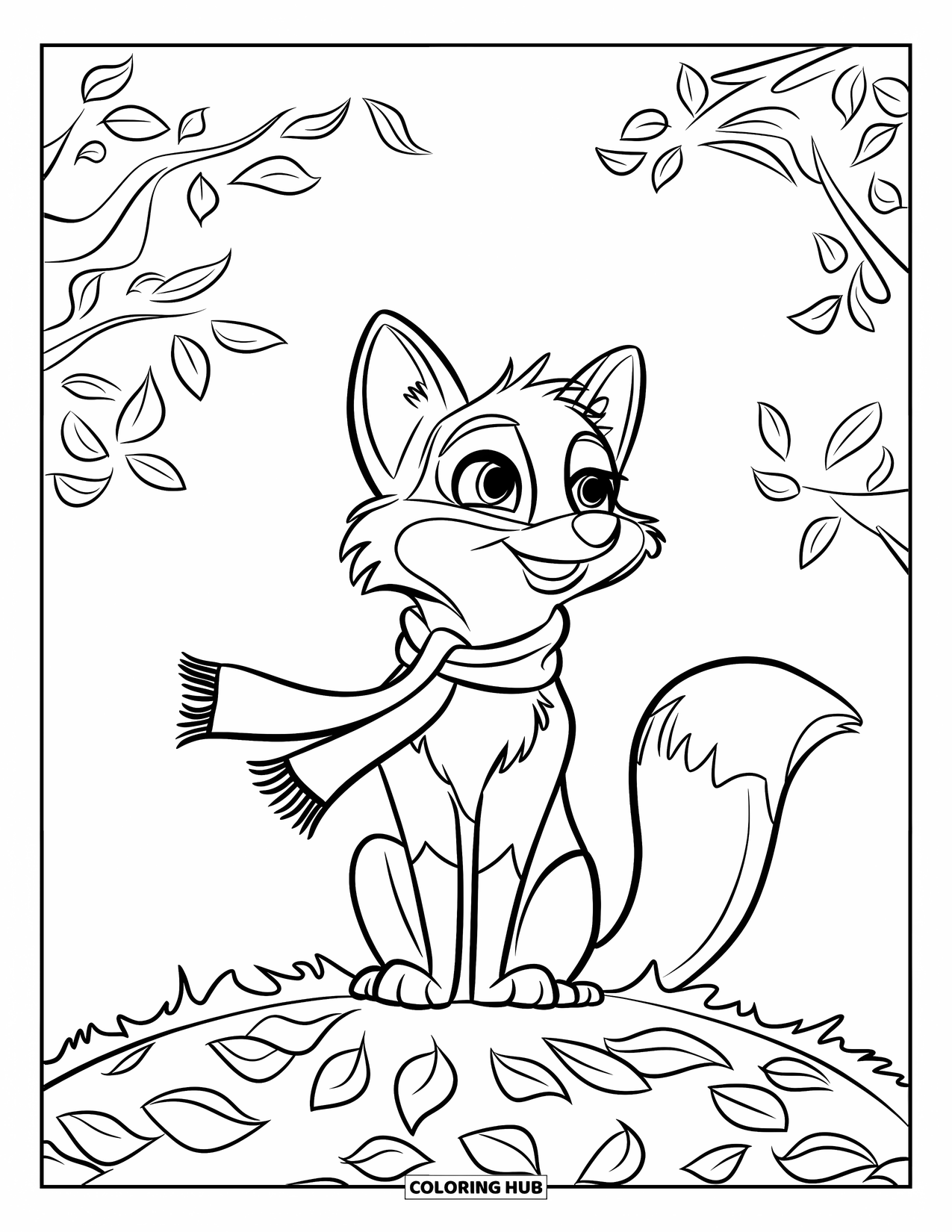 Herfst Kleurplaat voor Kinderen: Een gezellige vos met een sjaal zit op een stapel bladeren en staart naar de lucht