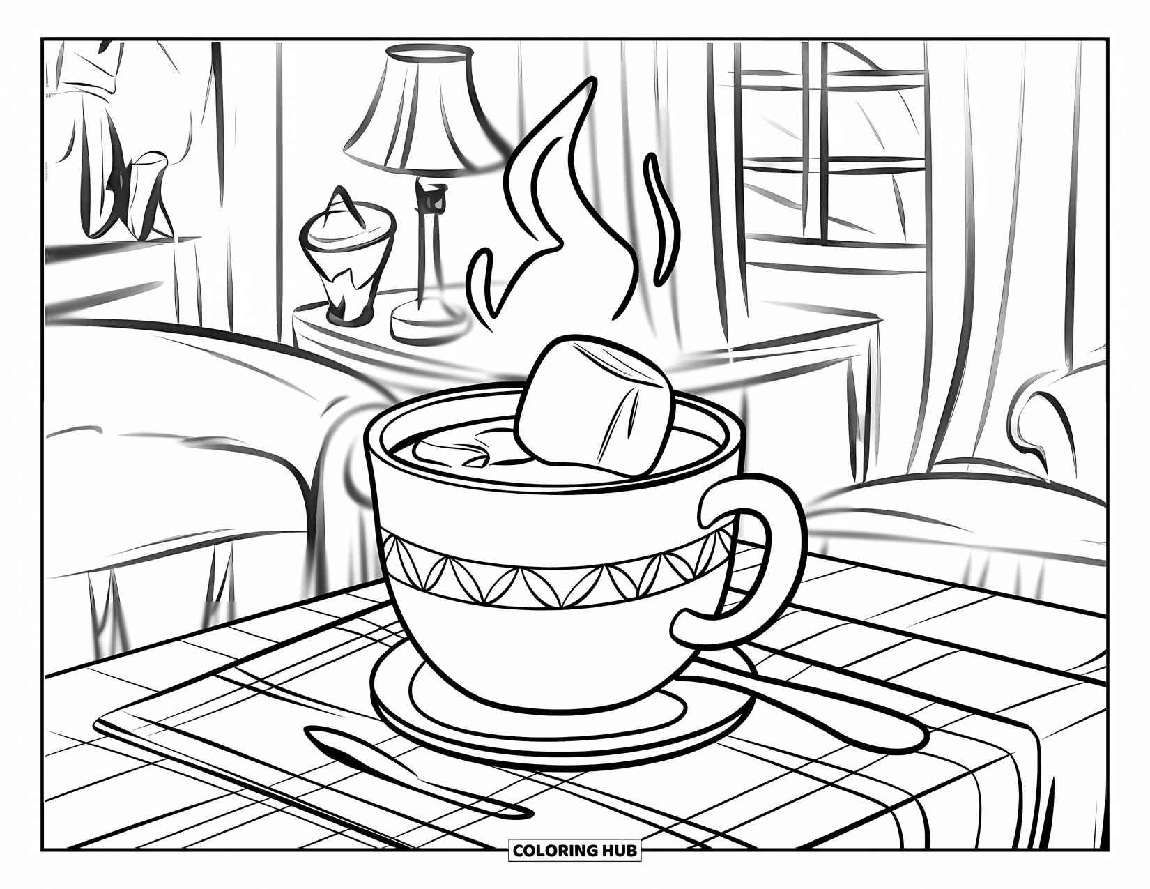 Herfst Kleurplaat voor Kinderen: Een gezellige mok warme chocolademelk staat op een tafel met een geruit tafelkleed
